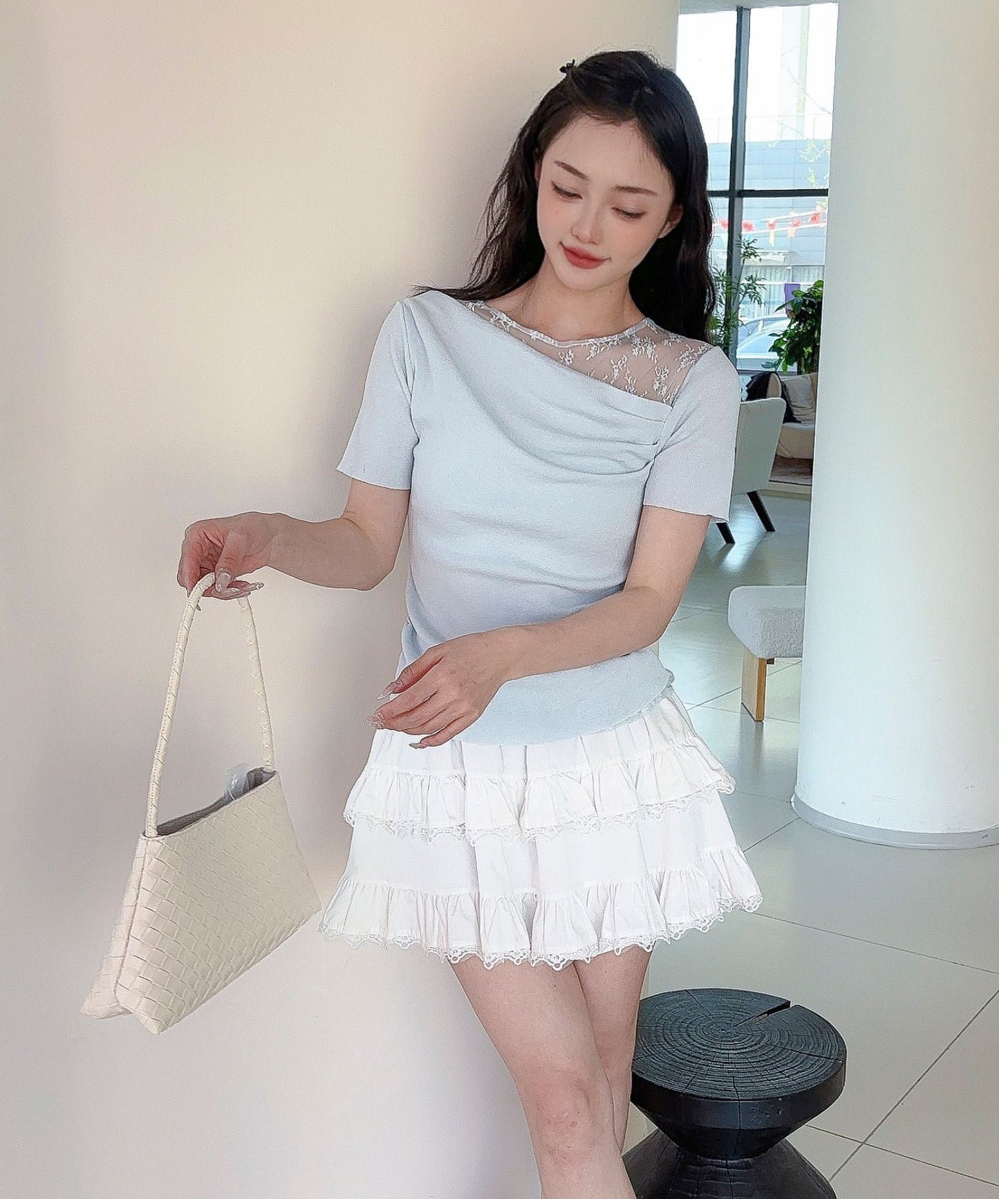 【Jasmine】レース切り替えアシメトリーデザインTシャツ