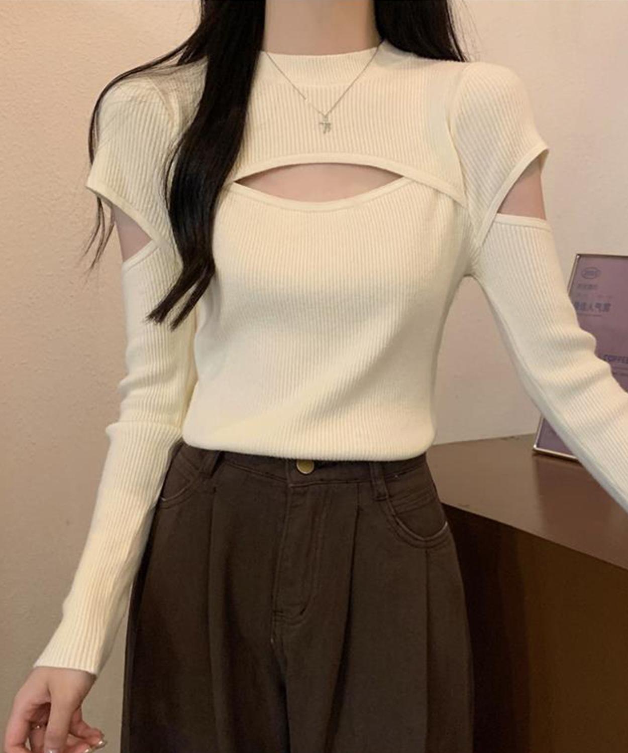 【Jasmine】タートルネック胸あきデザインニットプルオーバ