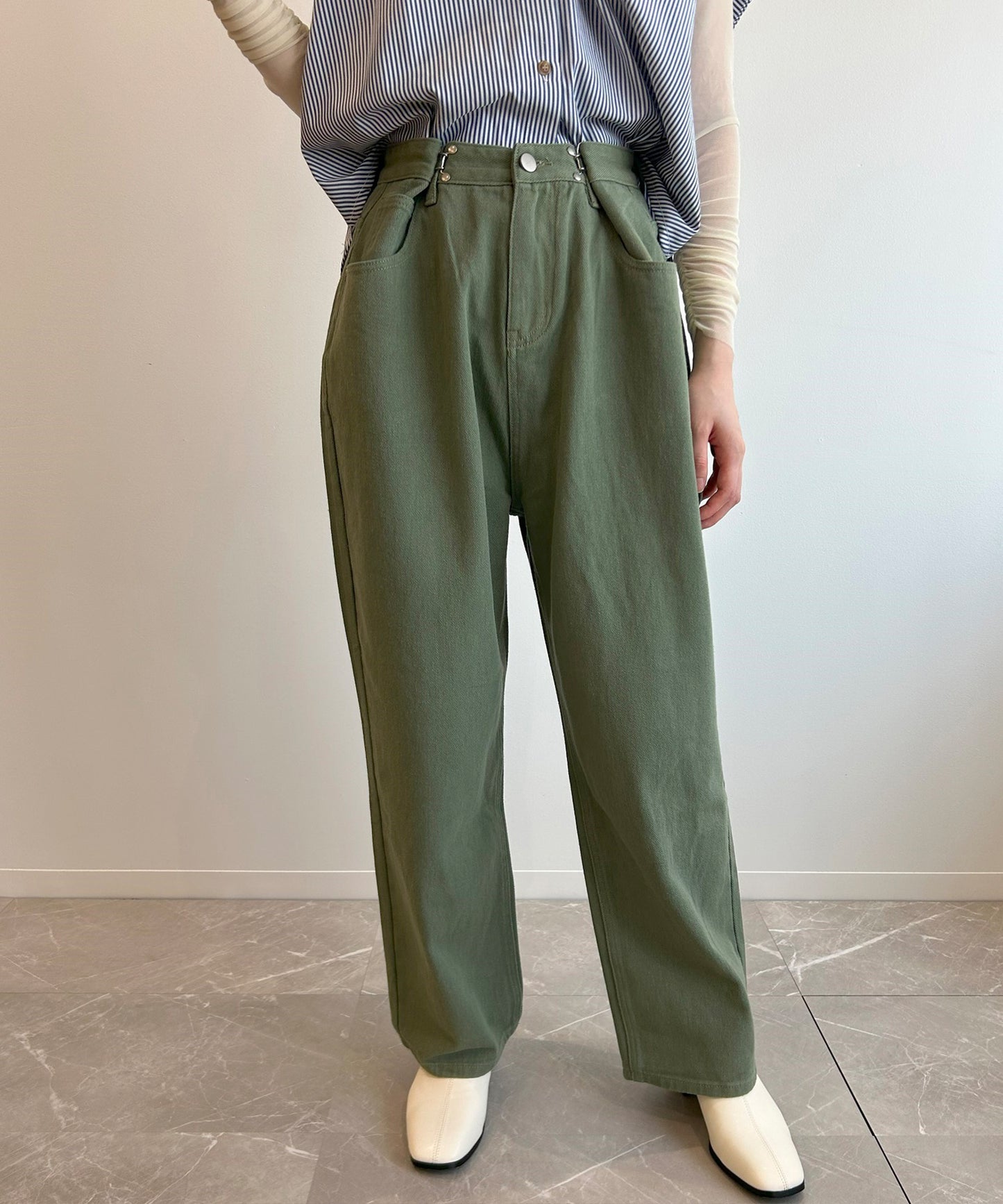 2WAYデザインジーンズデニム深めのウエストタックハイウエストデニムパンツ