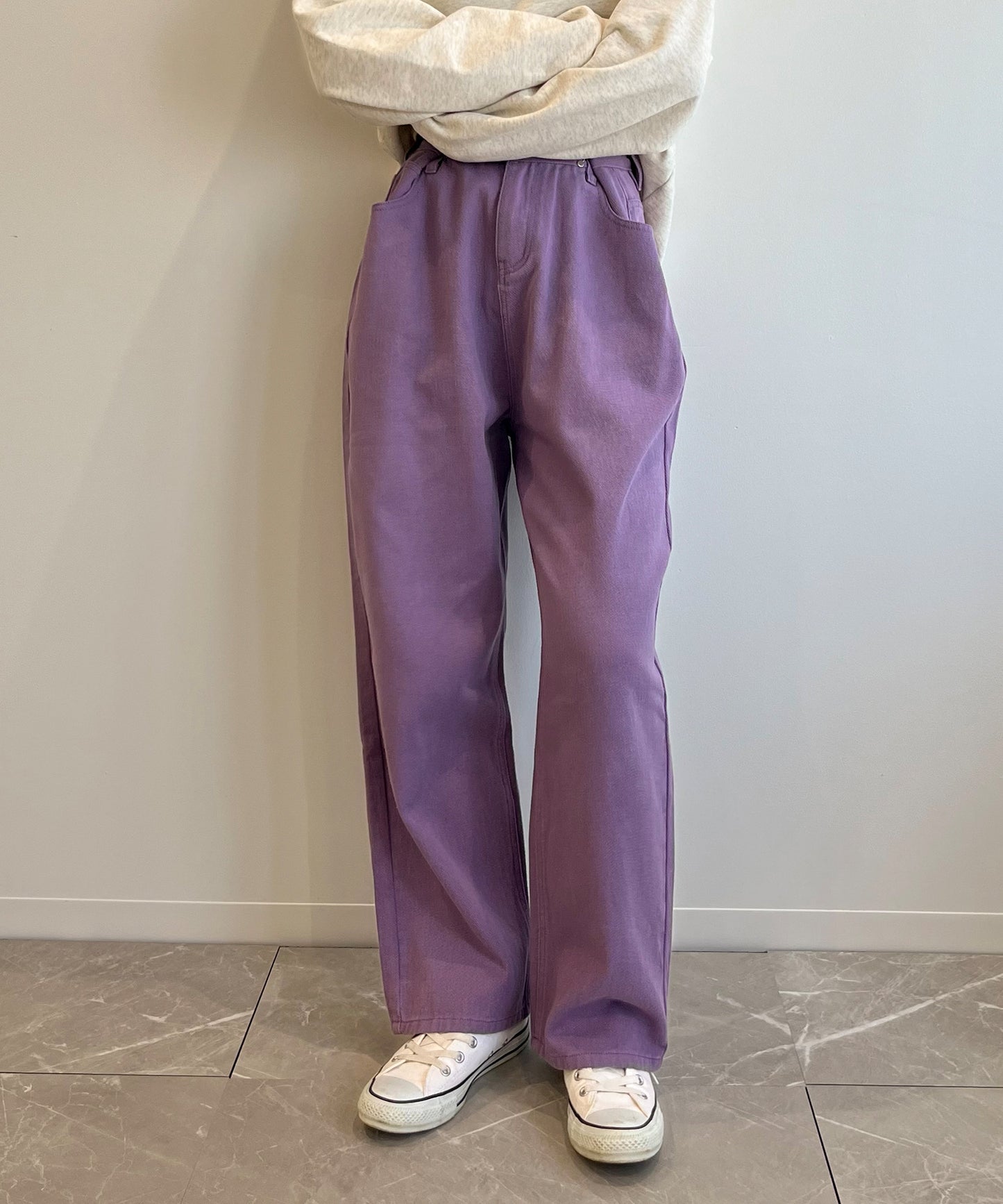 2WAYデザインジーンズデニム深めのウエストタックハイウエストデニムパンツ