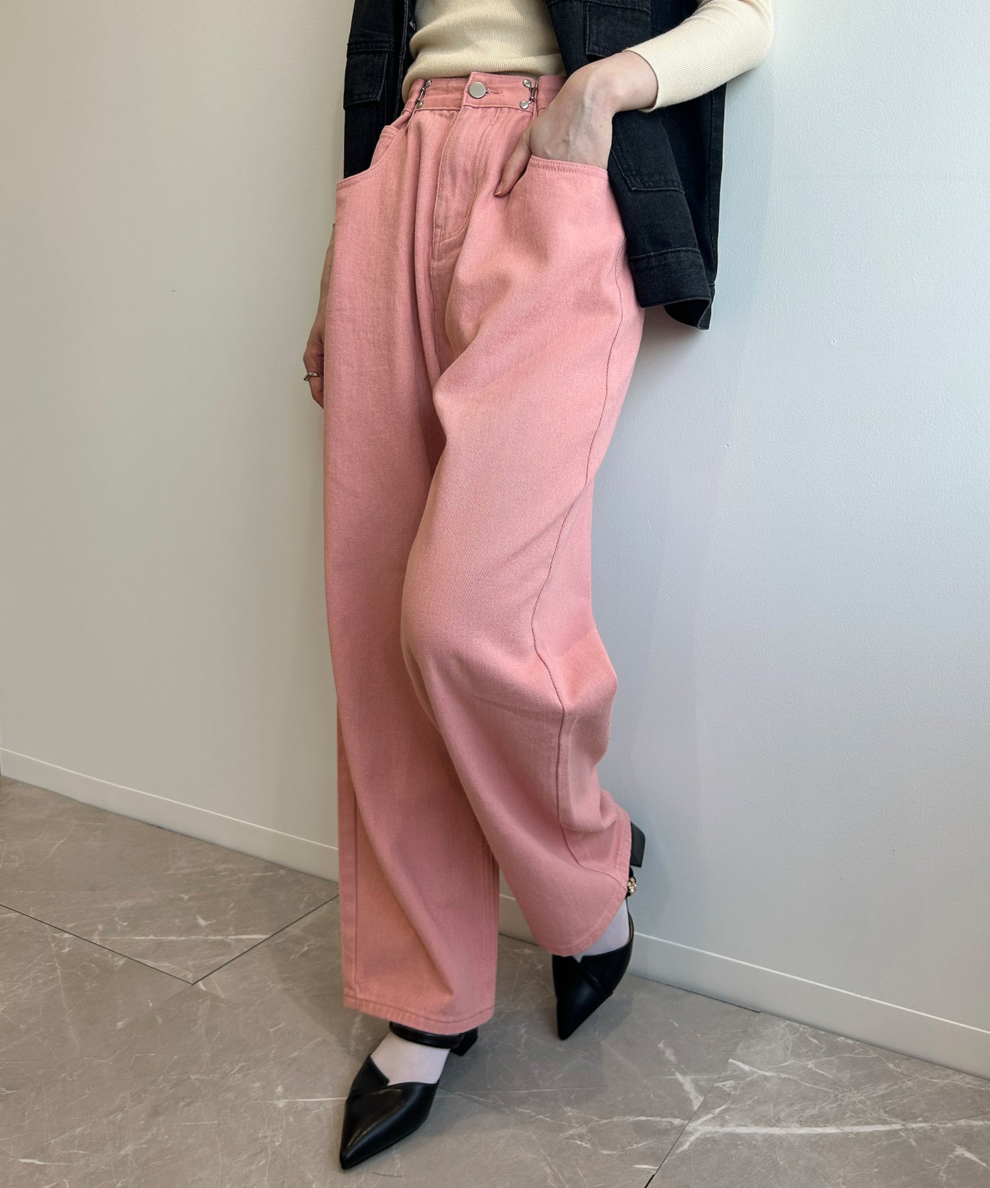 2WAYデザインジーンズデニム深めのウエストタックハイウエストデニムパンツ