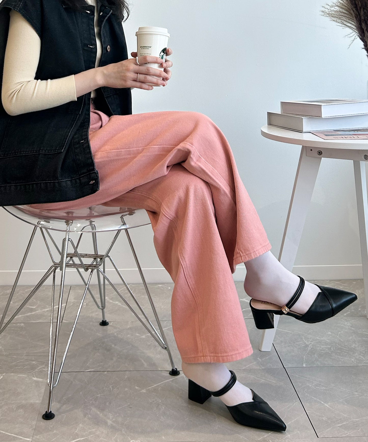 2WAYデザインジーンズデニム深めのウエストタックハイウエストデニムパンツ