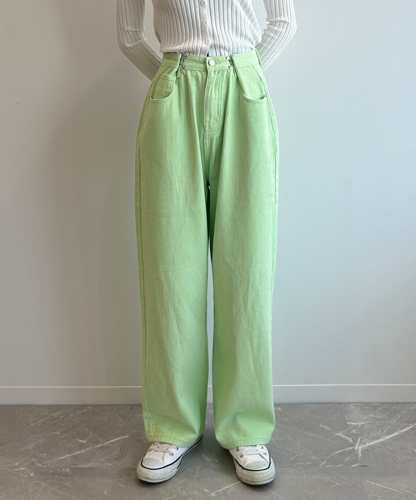 2WAYデザインジーンズデニム深めのウエストタックハイウエストデニムパンツ