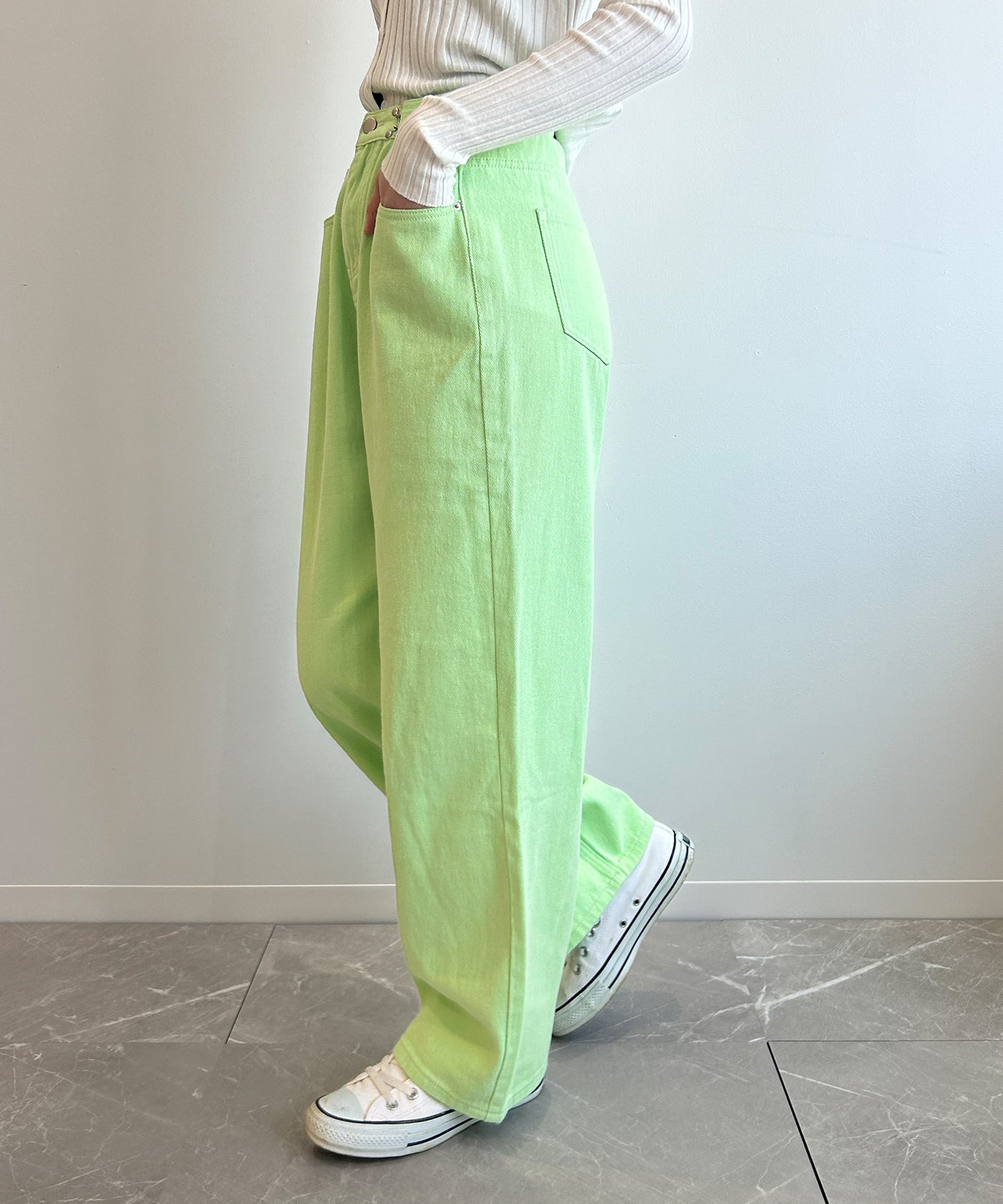 2WAYデザインジーンズデニム深めのウエストタックハイウエストデニムパンツ