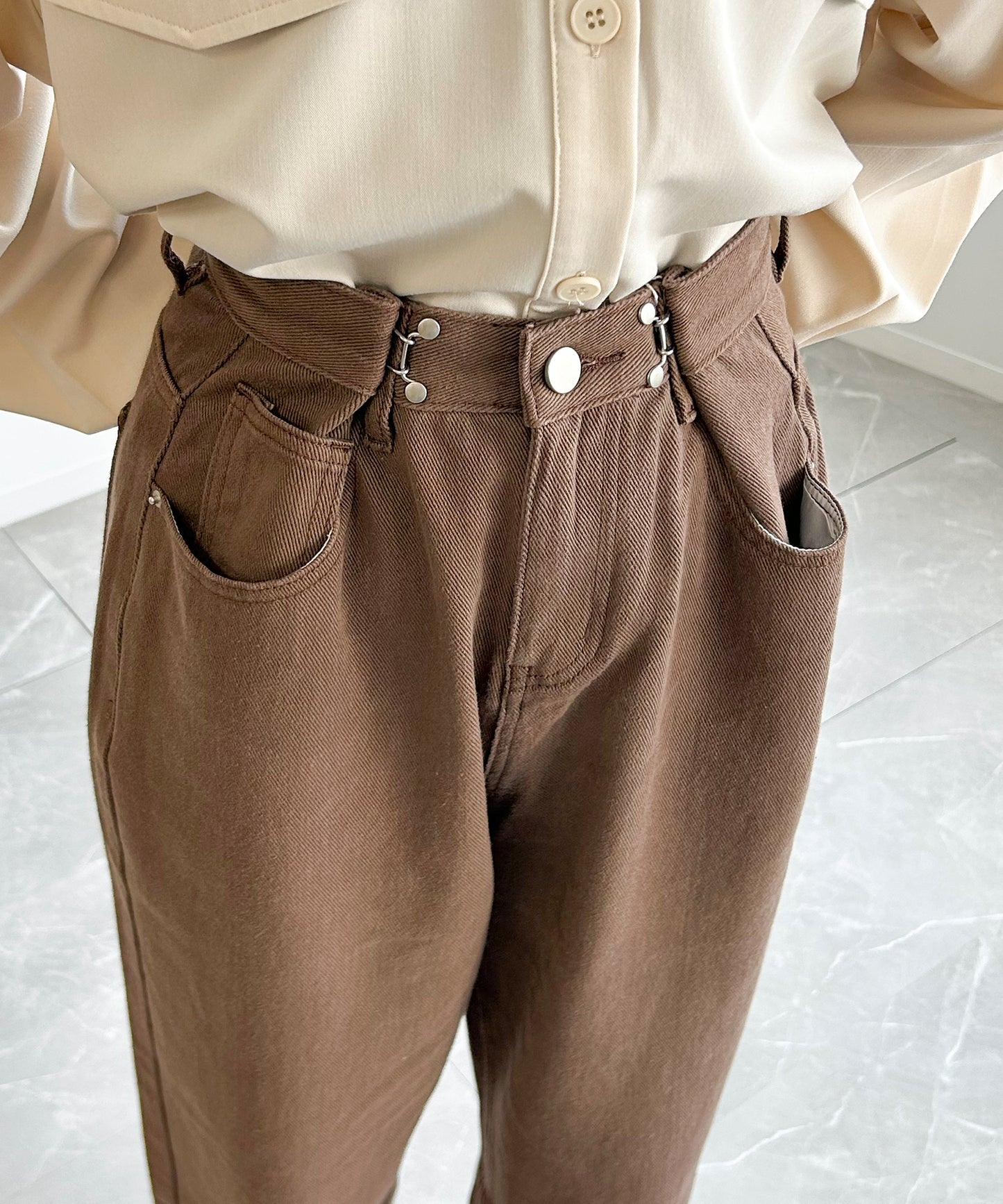 2WAYデザインジーンズデニム深めのウエストタックハイウエストデニムパンツ