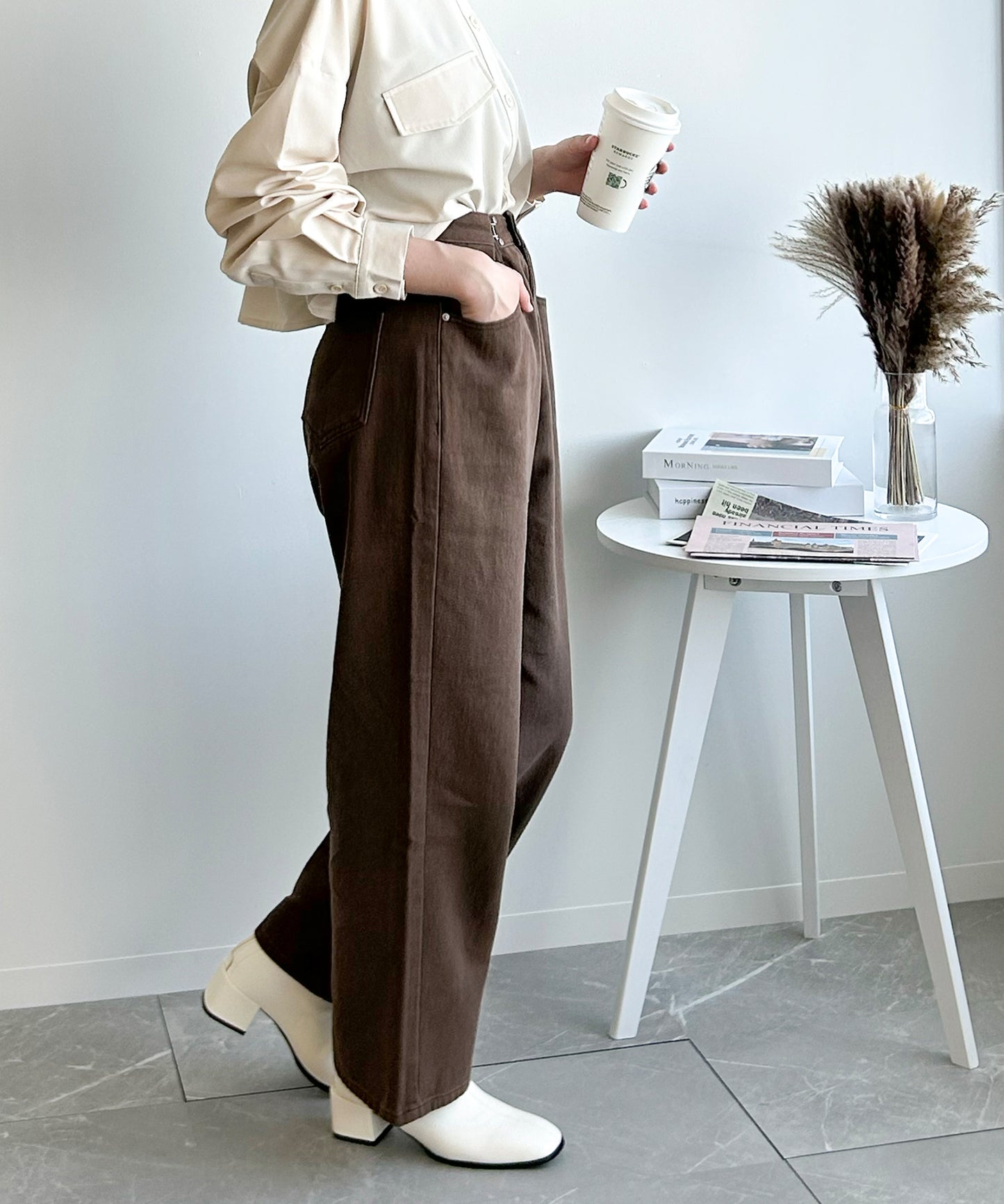 2WAYデザインジーンズデニム深めのウエストタックハイウエストデニムパンツ