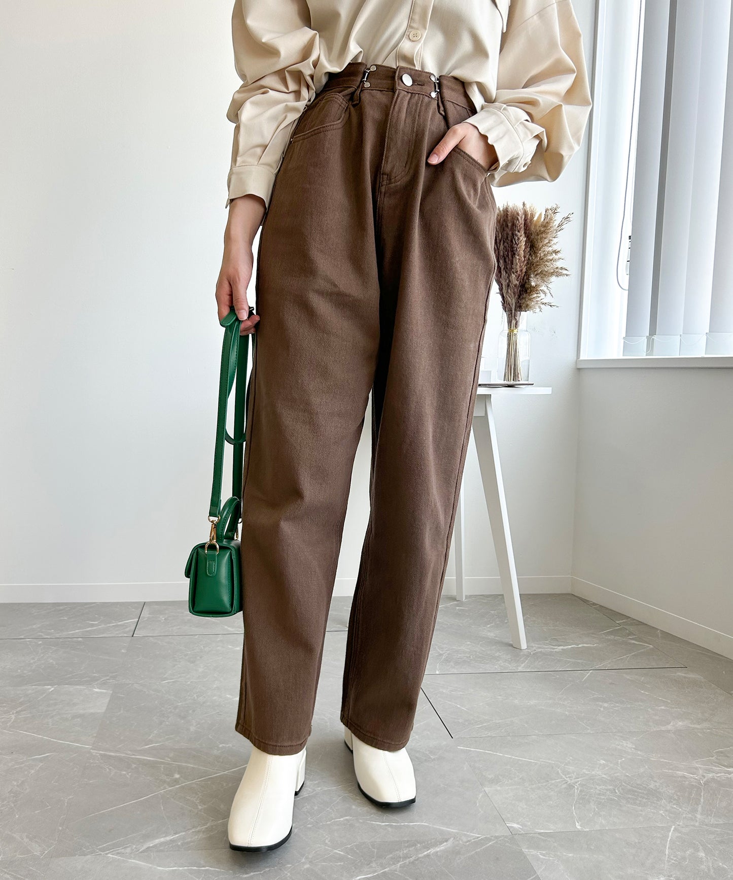 2WAYデザインジーンズデニム深めのウエストタックハイウエストデニムパンツ