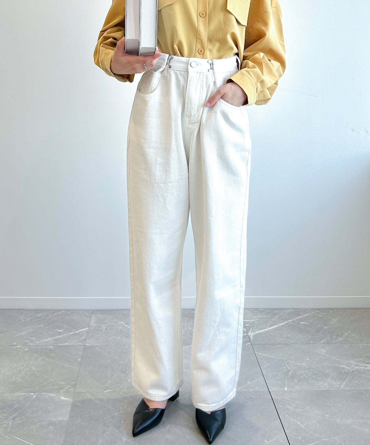 2WAYデザインジーンズデニム深めのウエストタックハイウエストデニムパンツ