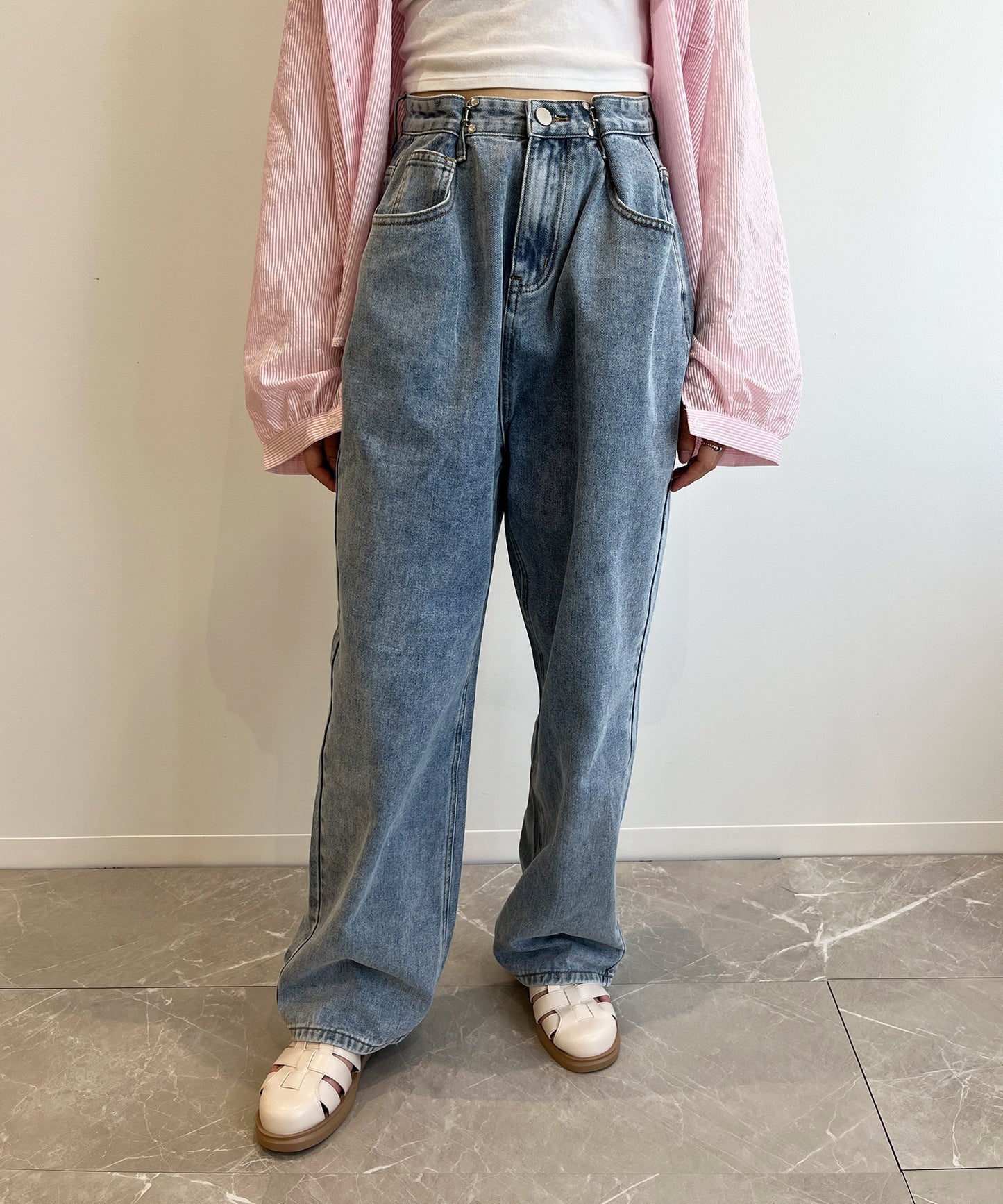 2WAYデザインジーンズデニム深めのウエストタックハイウエストデニムパンツ