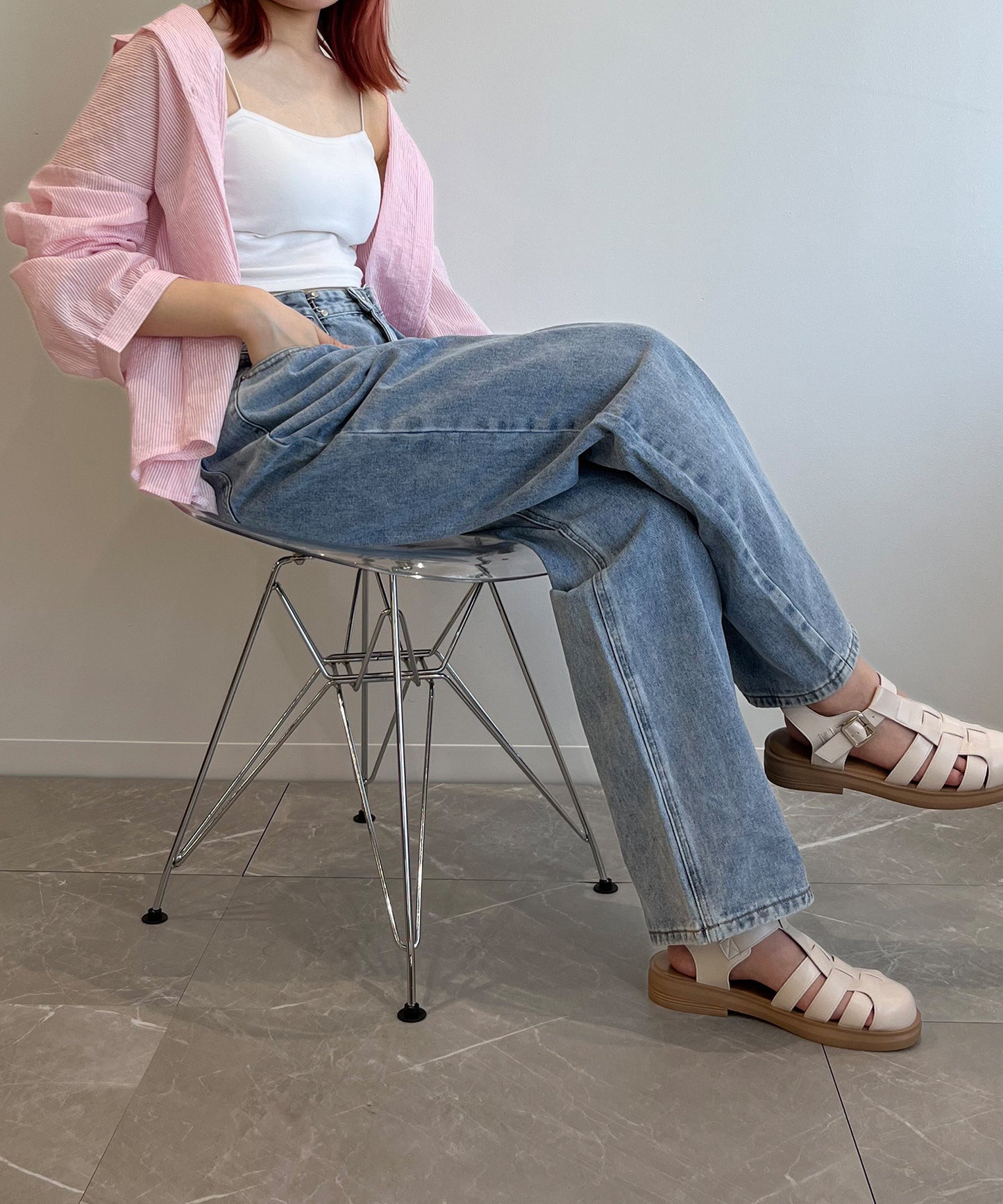 2WAYデザインジーンズデニム深めのウエストタックハイウエストデニムパンツ