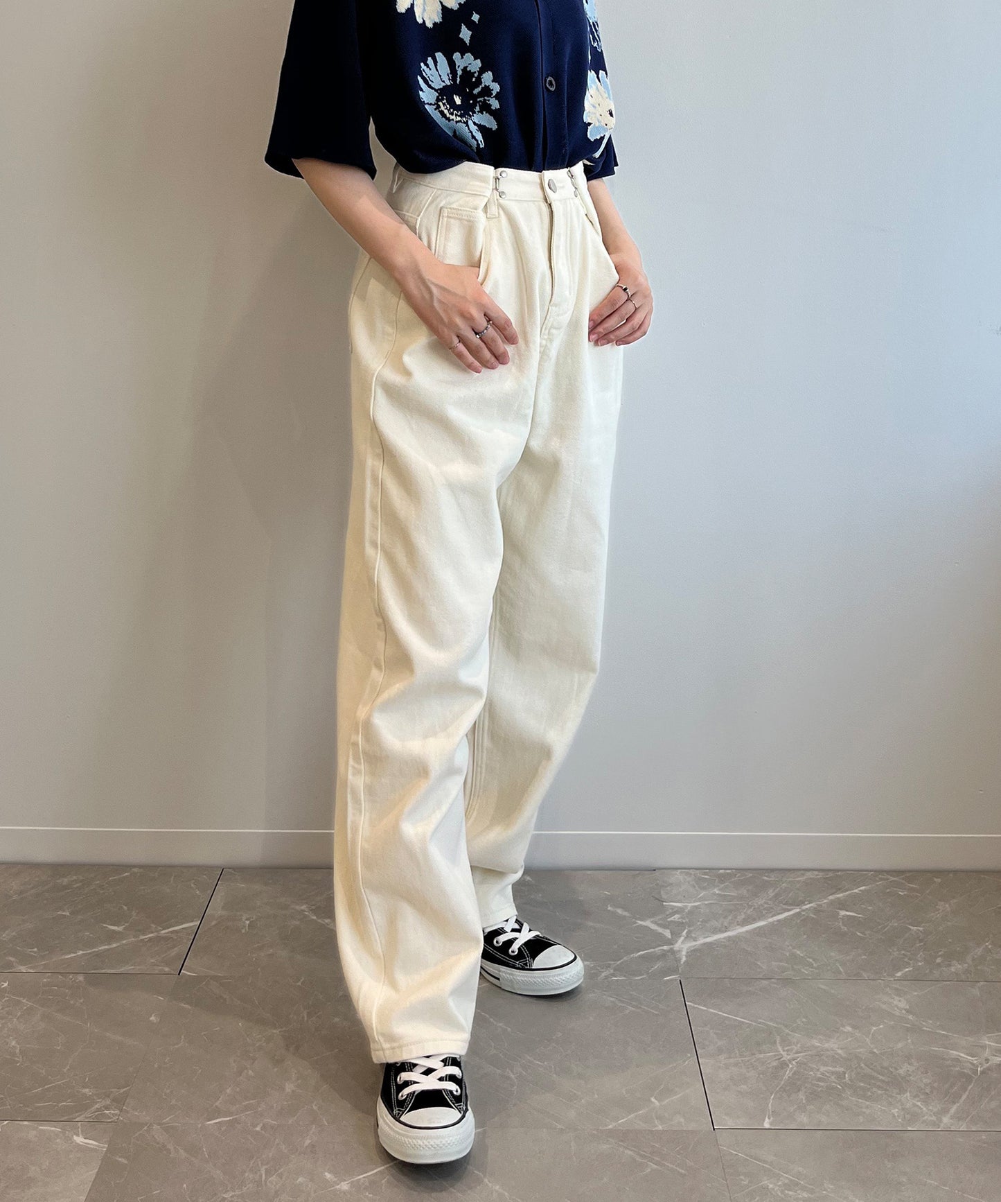 2WAYデザインジーンズデニム深めのウエストタックハイウエストデニムパンツ