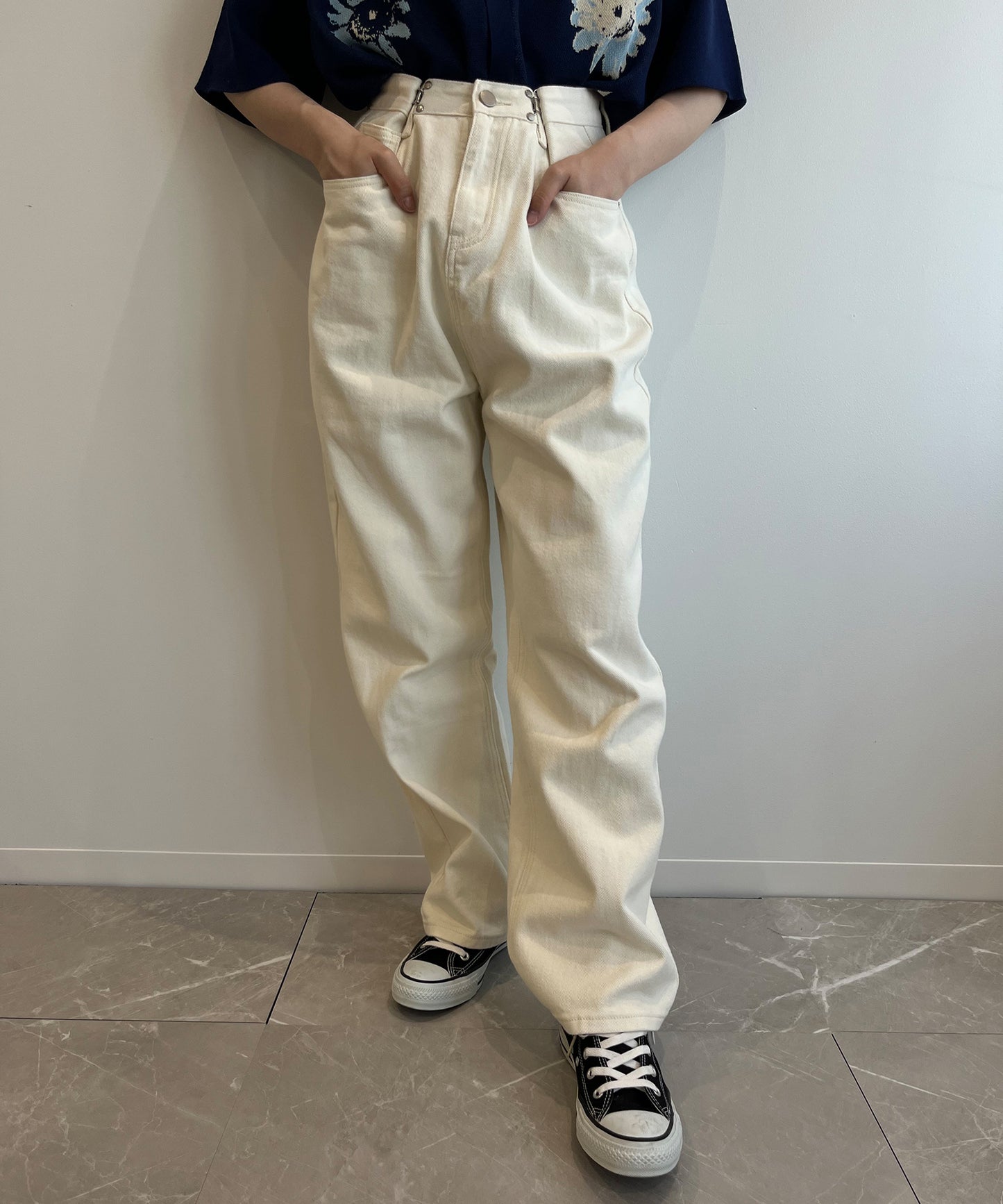 2WAYデザインジーンズデニム深めのウエストタックハイウエストデニムパンツ