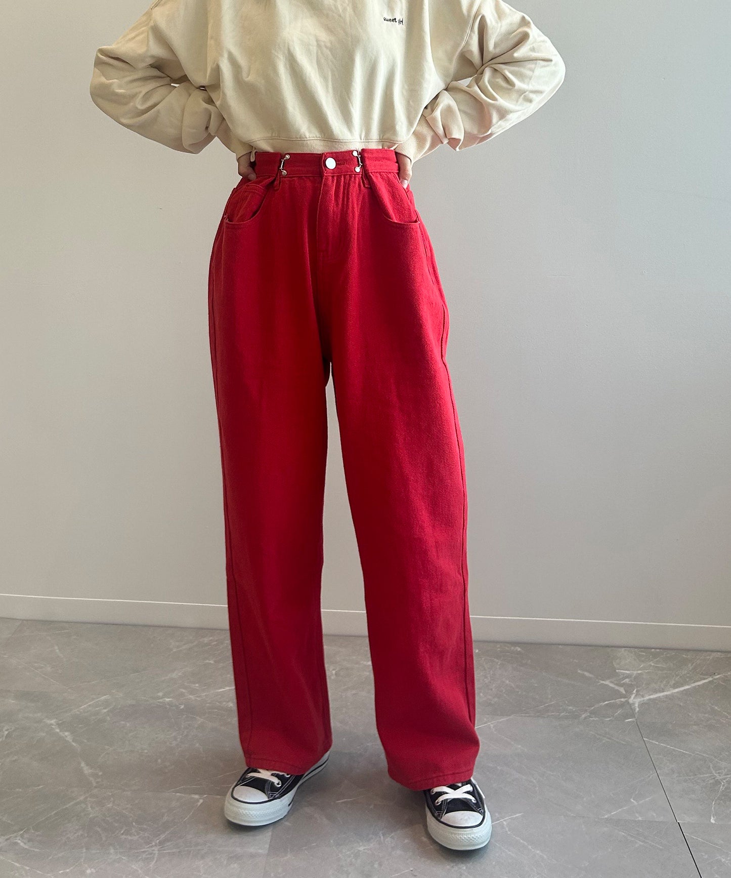 2WAYデザインジーンズデニム深めのウエストタックハイウエストデニムパンツ