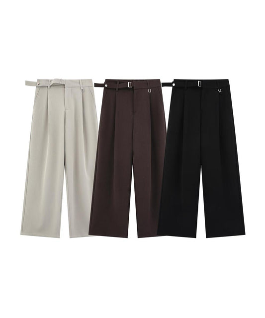 調節ベルト付きワイドタックスラックスパンツ