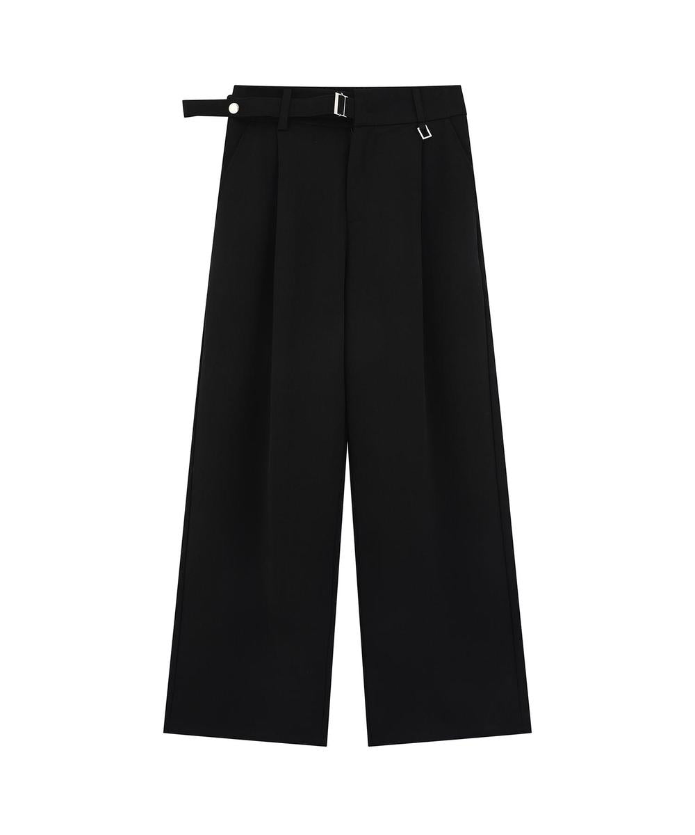 調節ベルト付きワイドタックスラックスパンツ