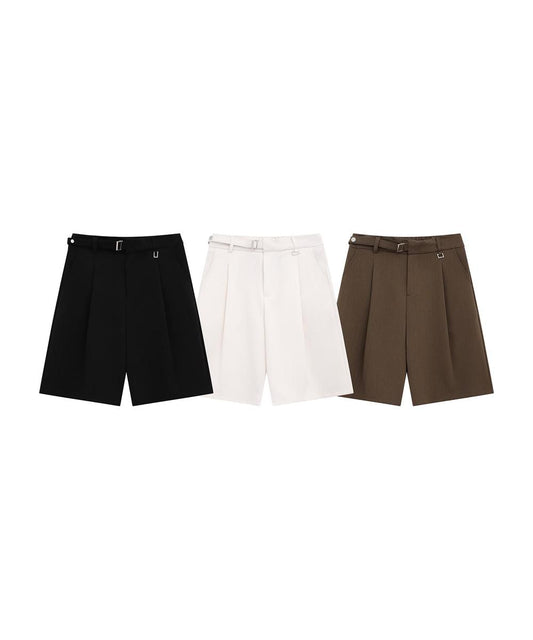 調節ベルト付きタックショートスラックスパンツ