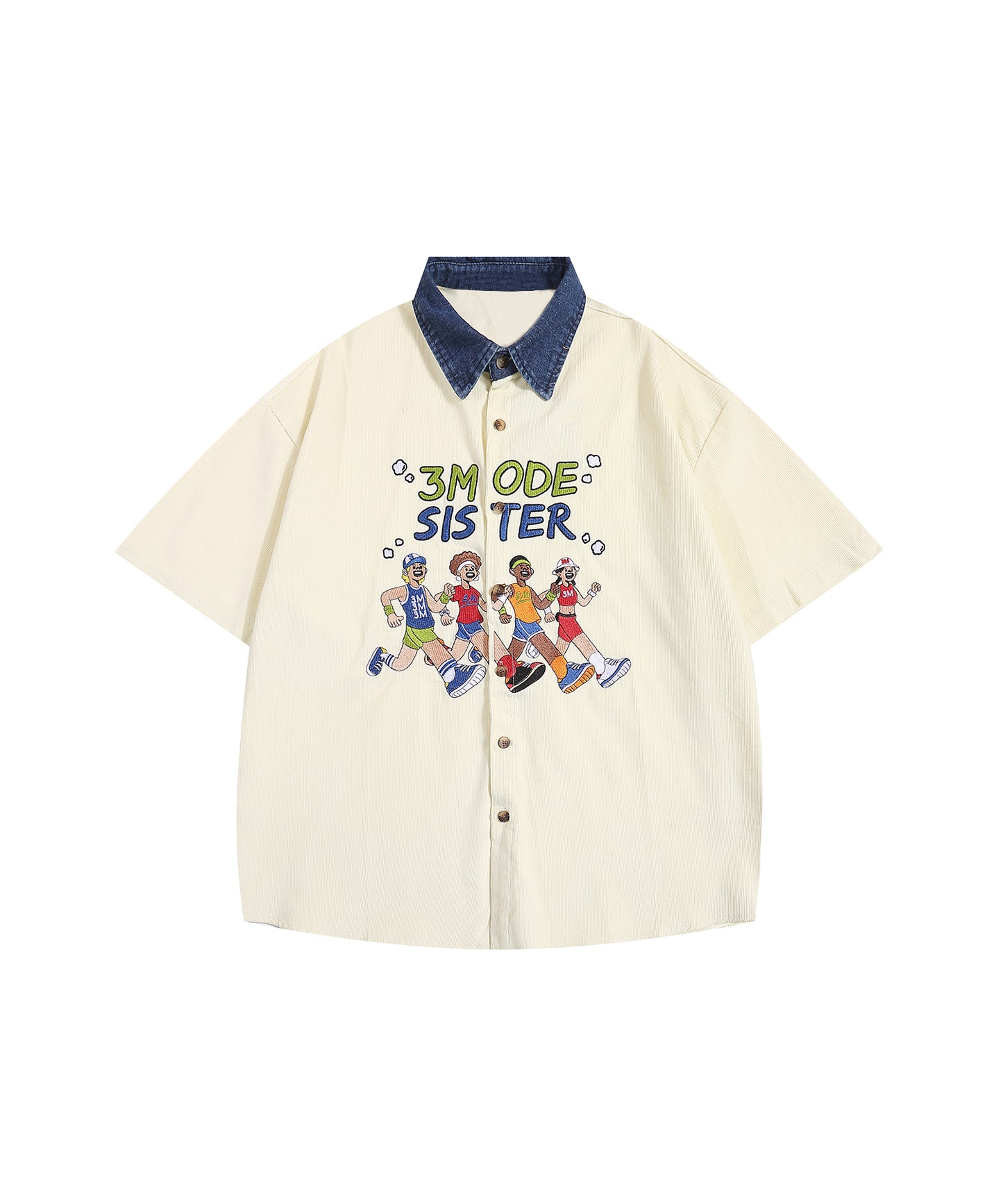 【HOOK -select- 】レトロ調人物刺繍夏コーデュロイ半袖シャツ