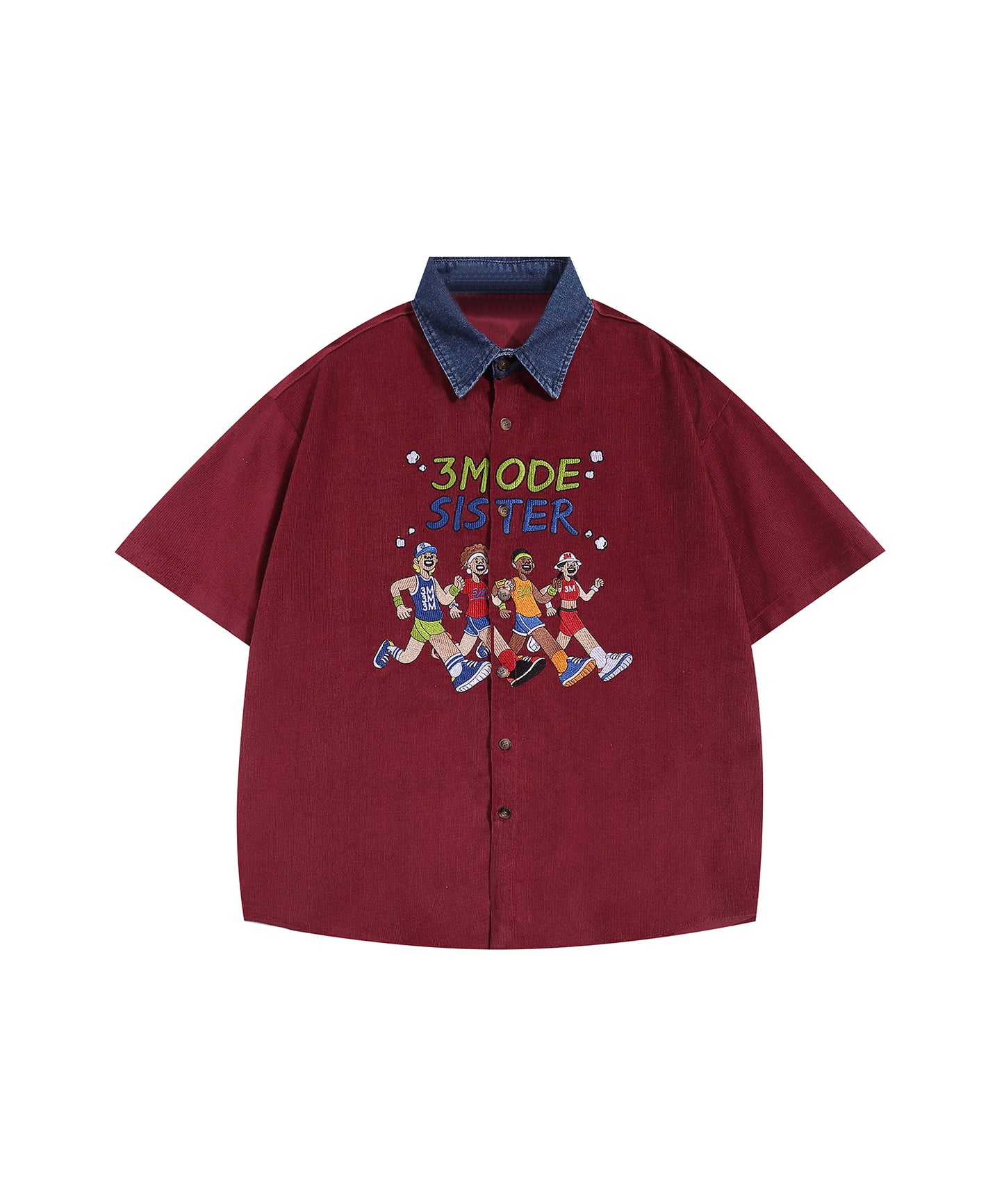 【HOOK -select- 】レトロ調人物刺繍夏コーデュロイ半袖シャツ