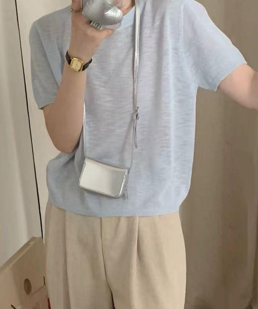シンプル半袖ニットトップス