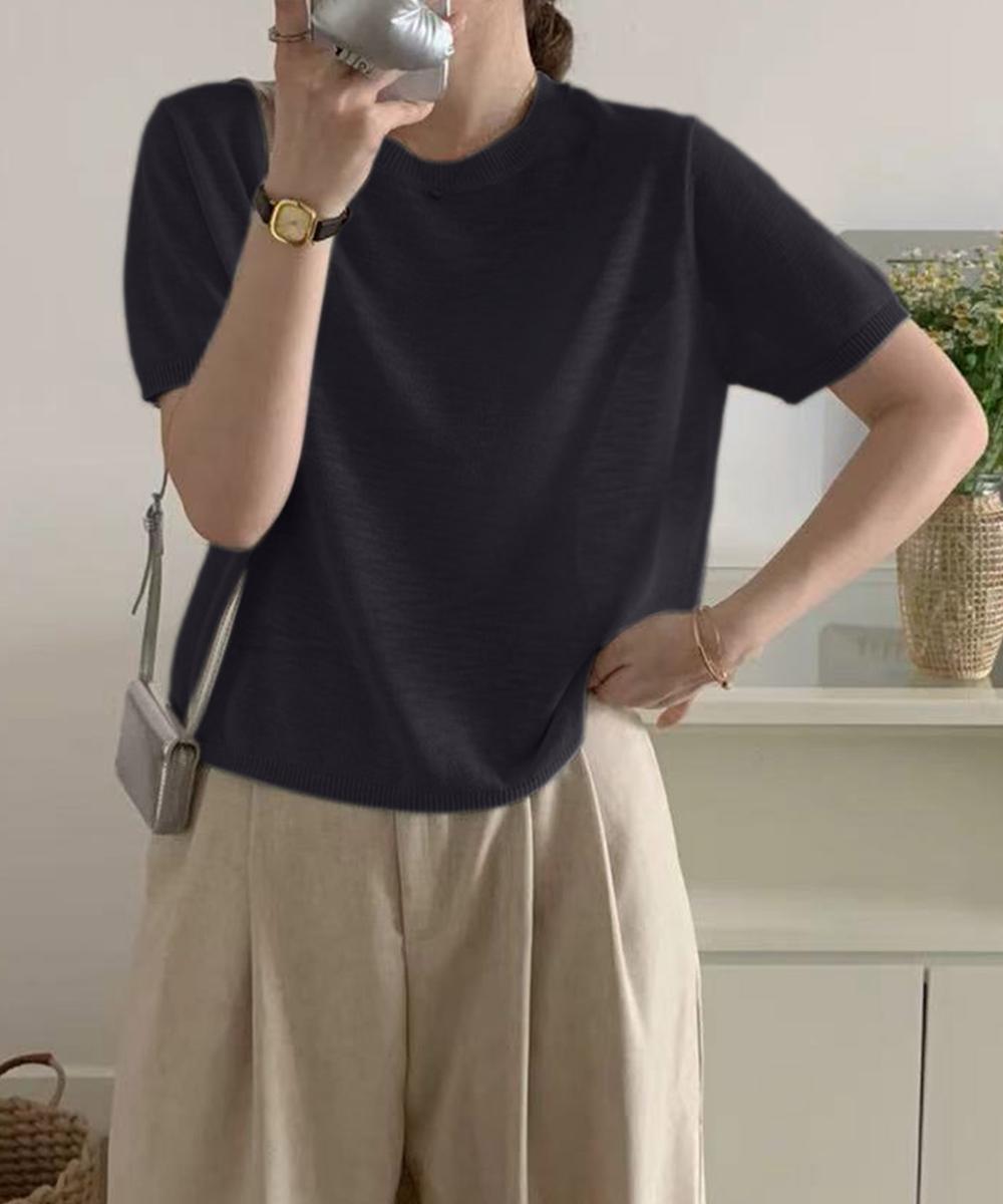 シンプル半袖ニットトップス