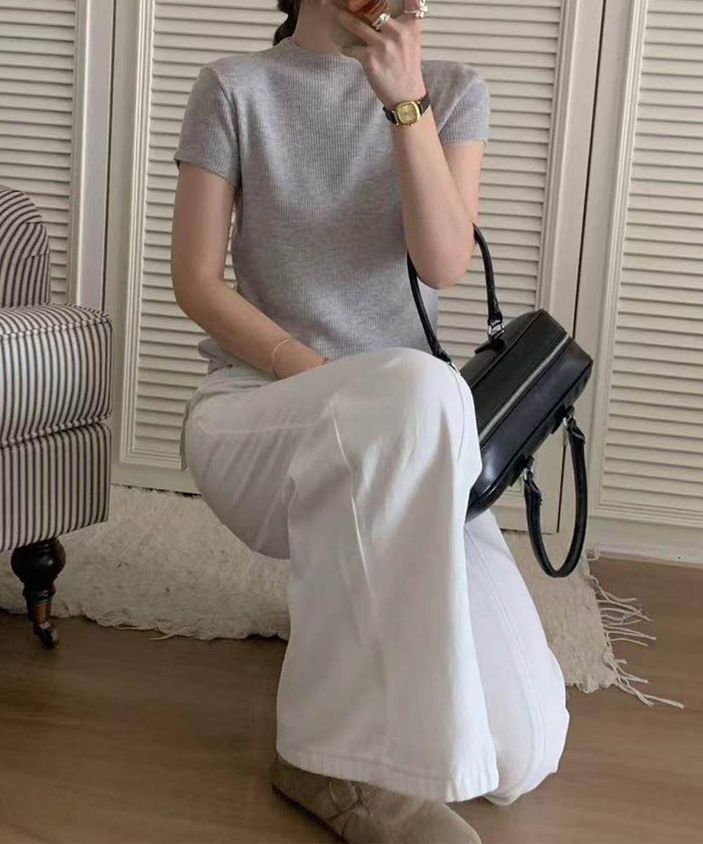 【aimoha】バックボタンデザイン半袖ハイネックトップス