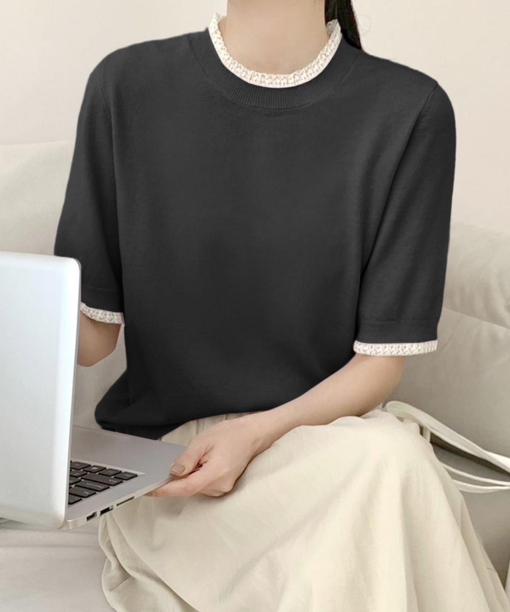 クルーネック半袖ニットトップス