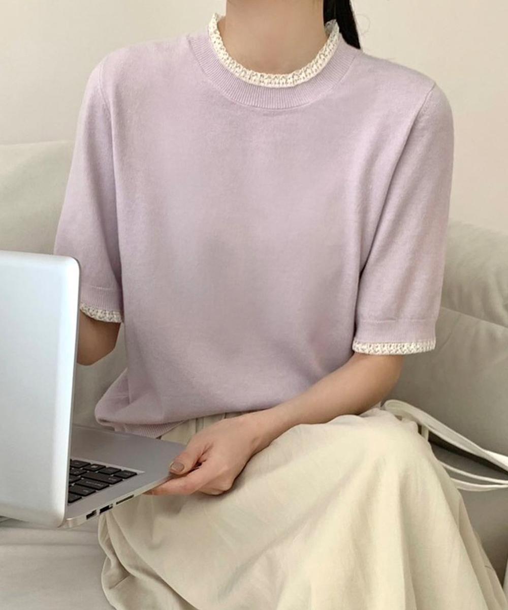 クルーネック半袖ニットトップス