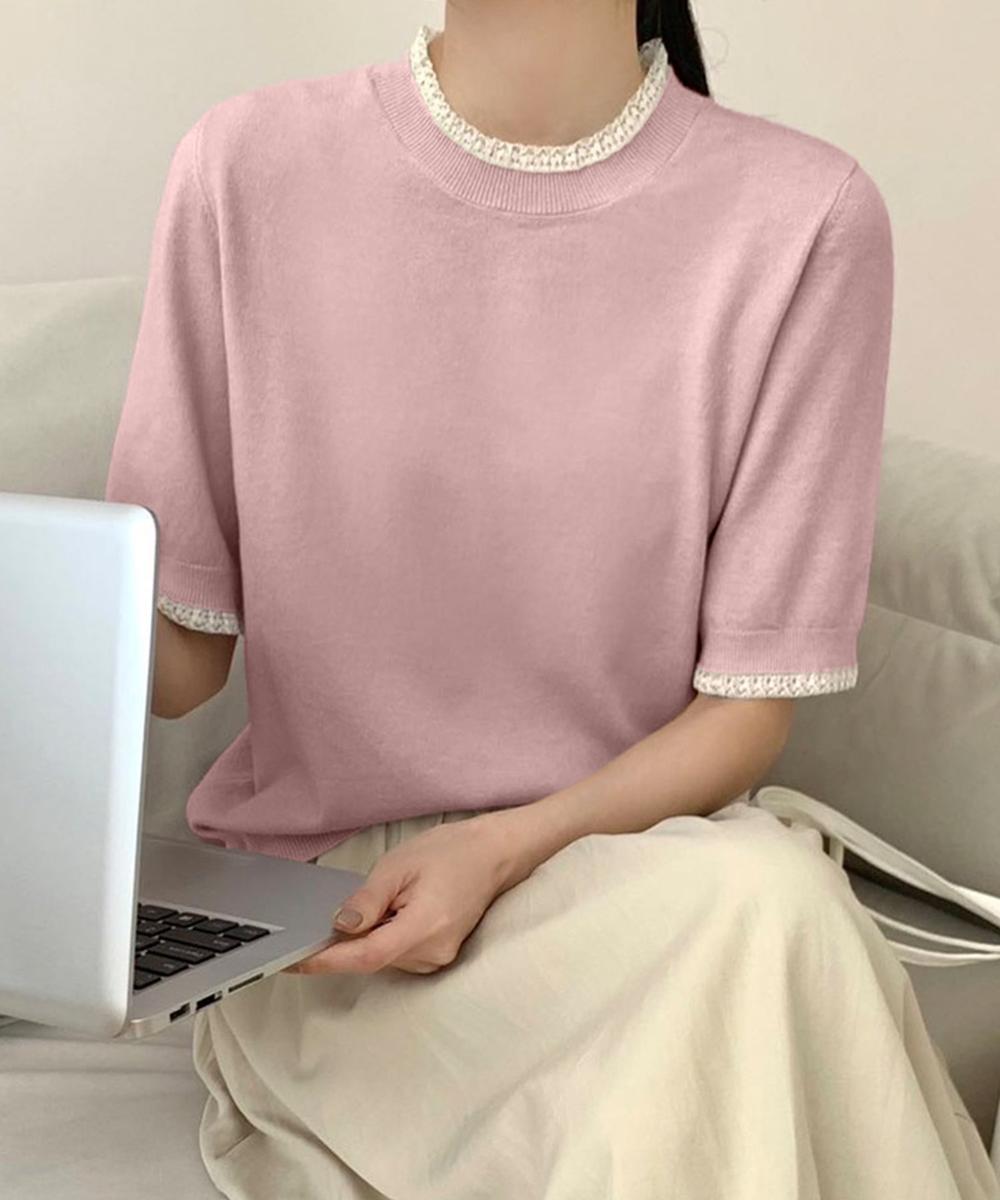 クルーネック半袖ニットトップス