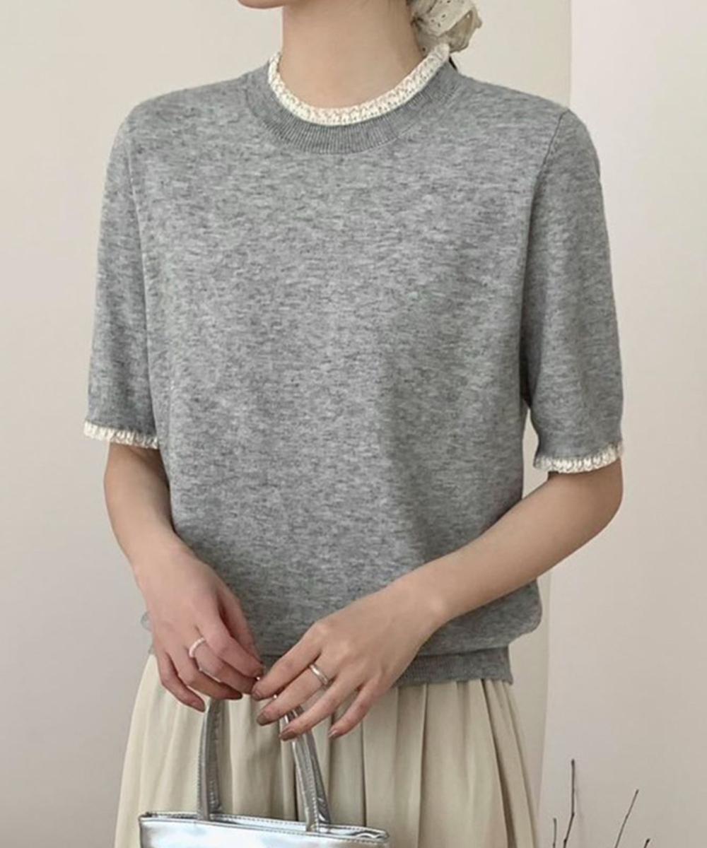 クルーネック半袖ニットトップス