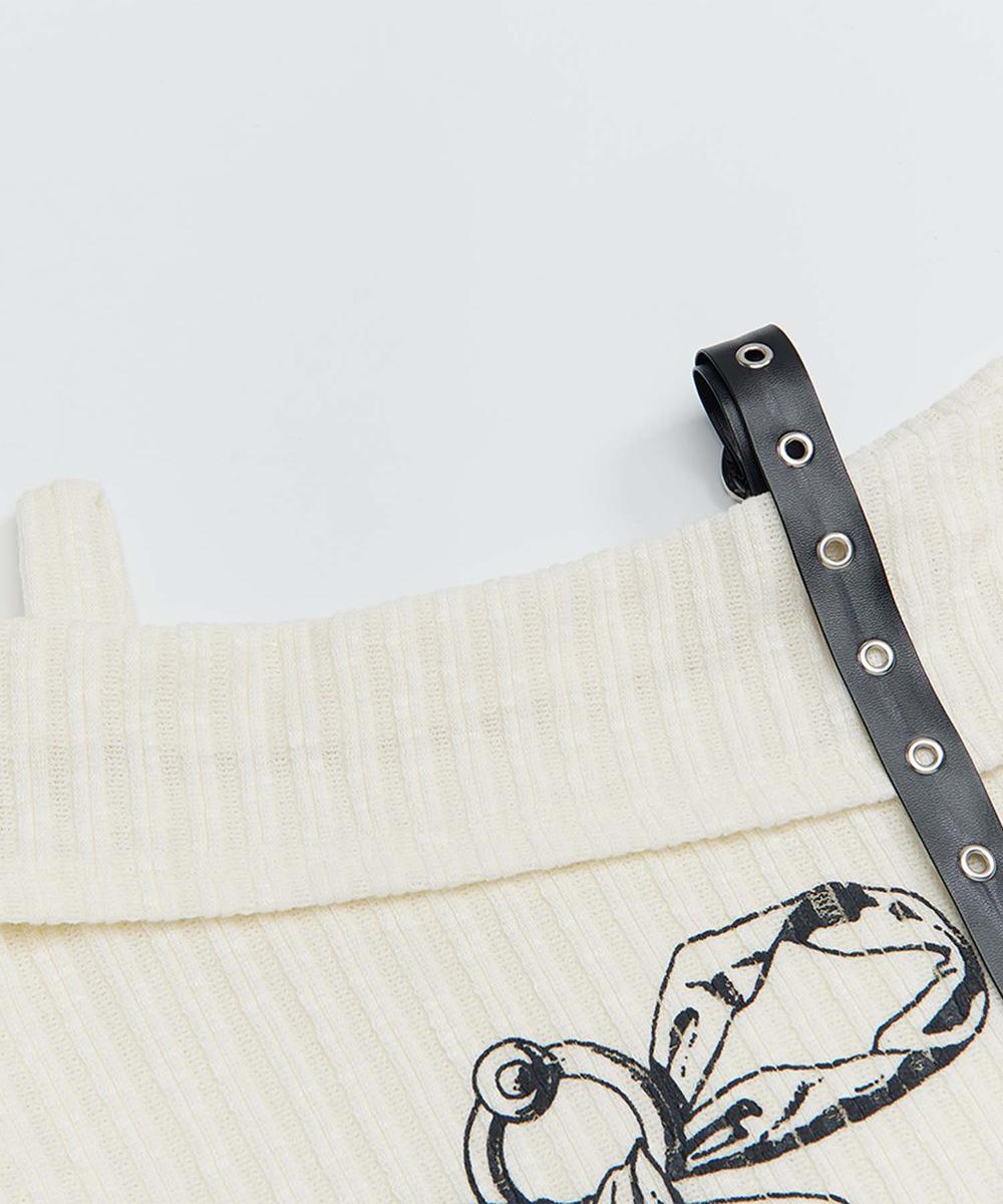 【HOOK】for girls リボンプリントオープンショルダートップス 裾シャーリング