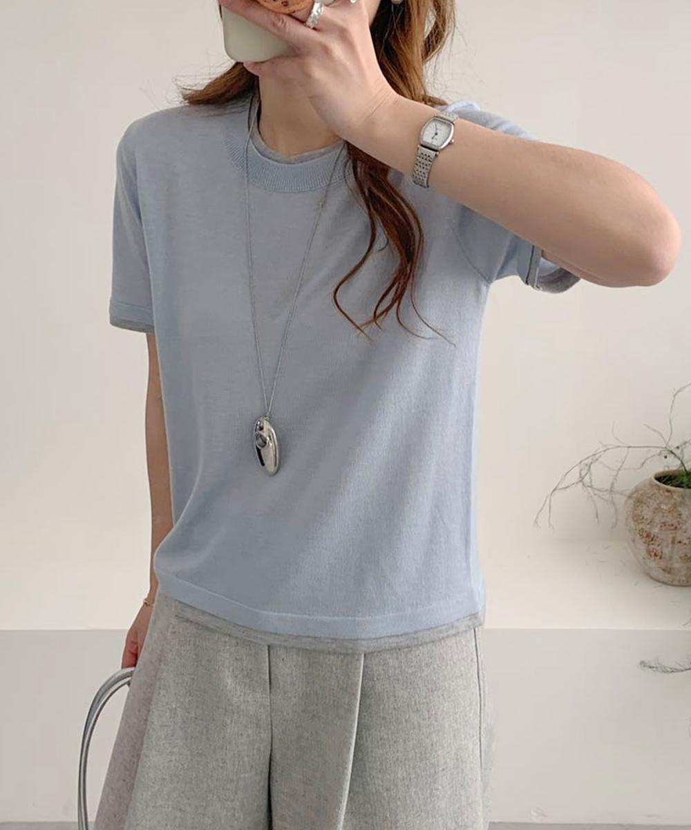 配色クルーネックリブニットトップス