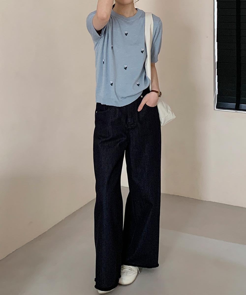 ハート刺繍入り半袖ニットトップス