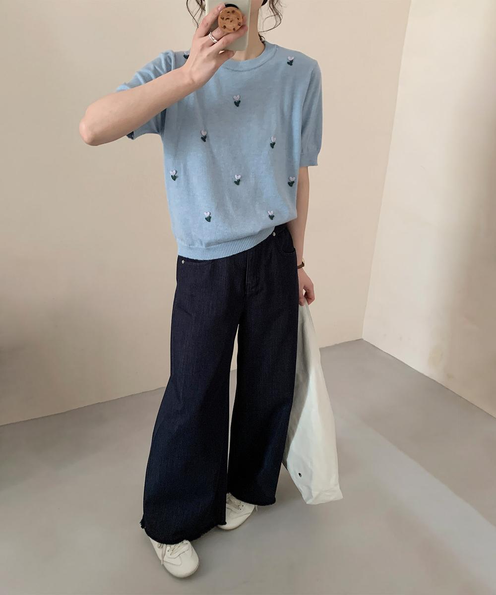 ハート刺繍入り半袖ニットトップス