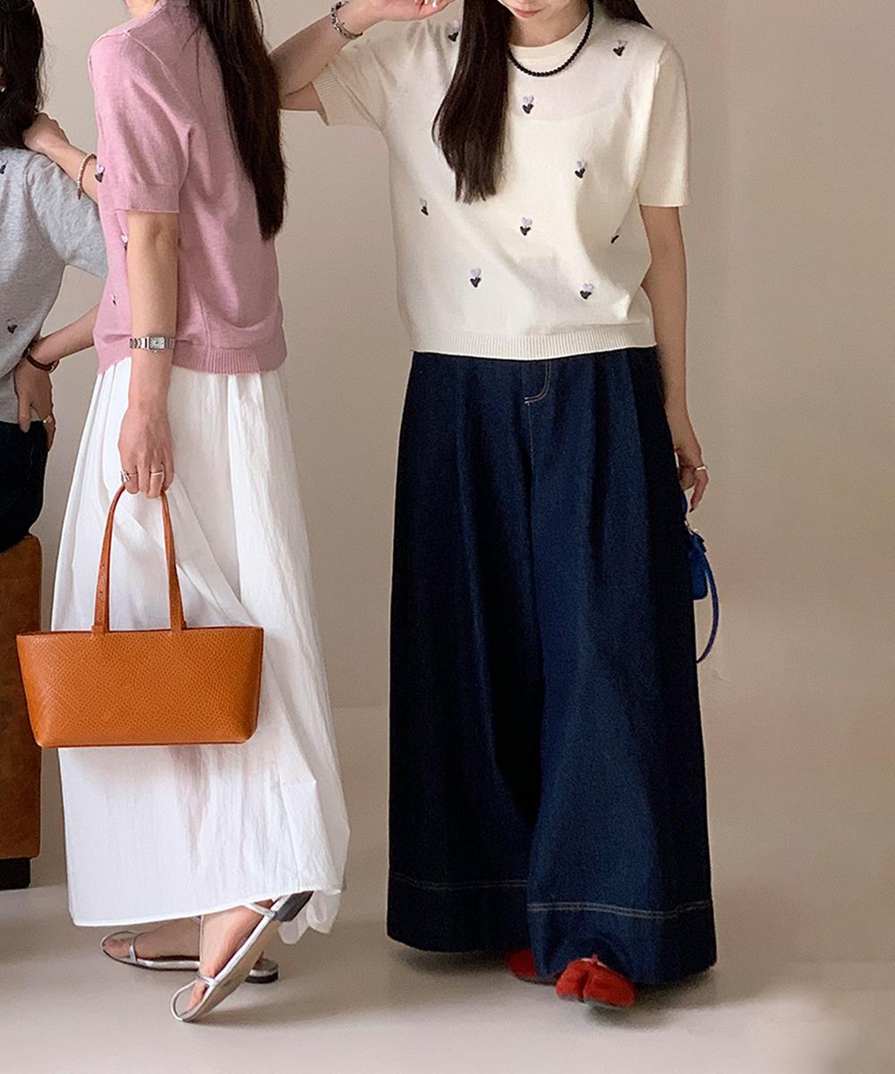 ハート刺繍入り半袖ニットトップス