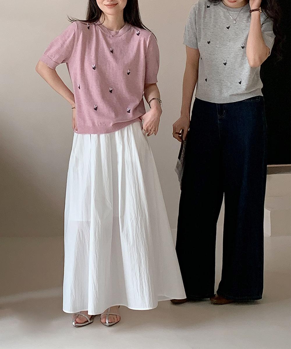 ハート刺繍入り半袖ニットトップス