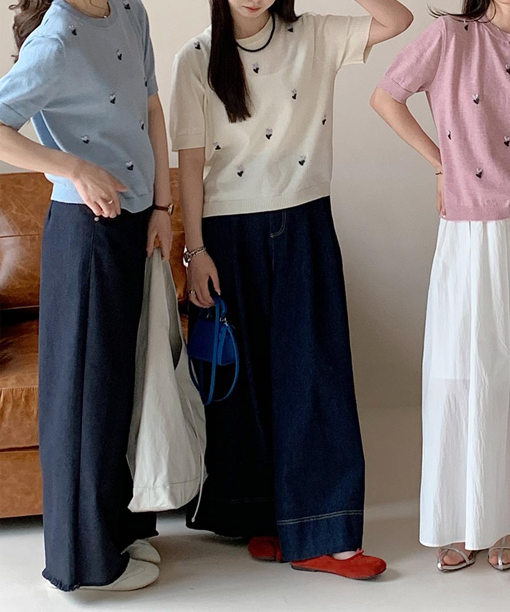 ハート刺繍入り半袖ニットトップス