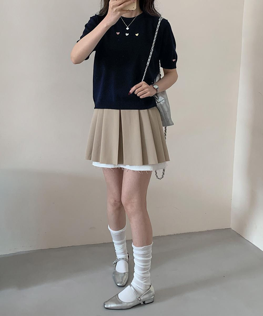 カラーハート付き半袖ニットトップス