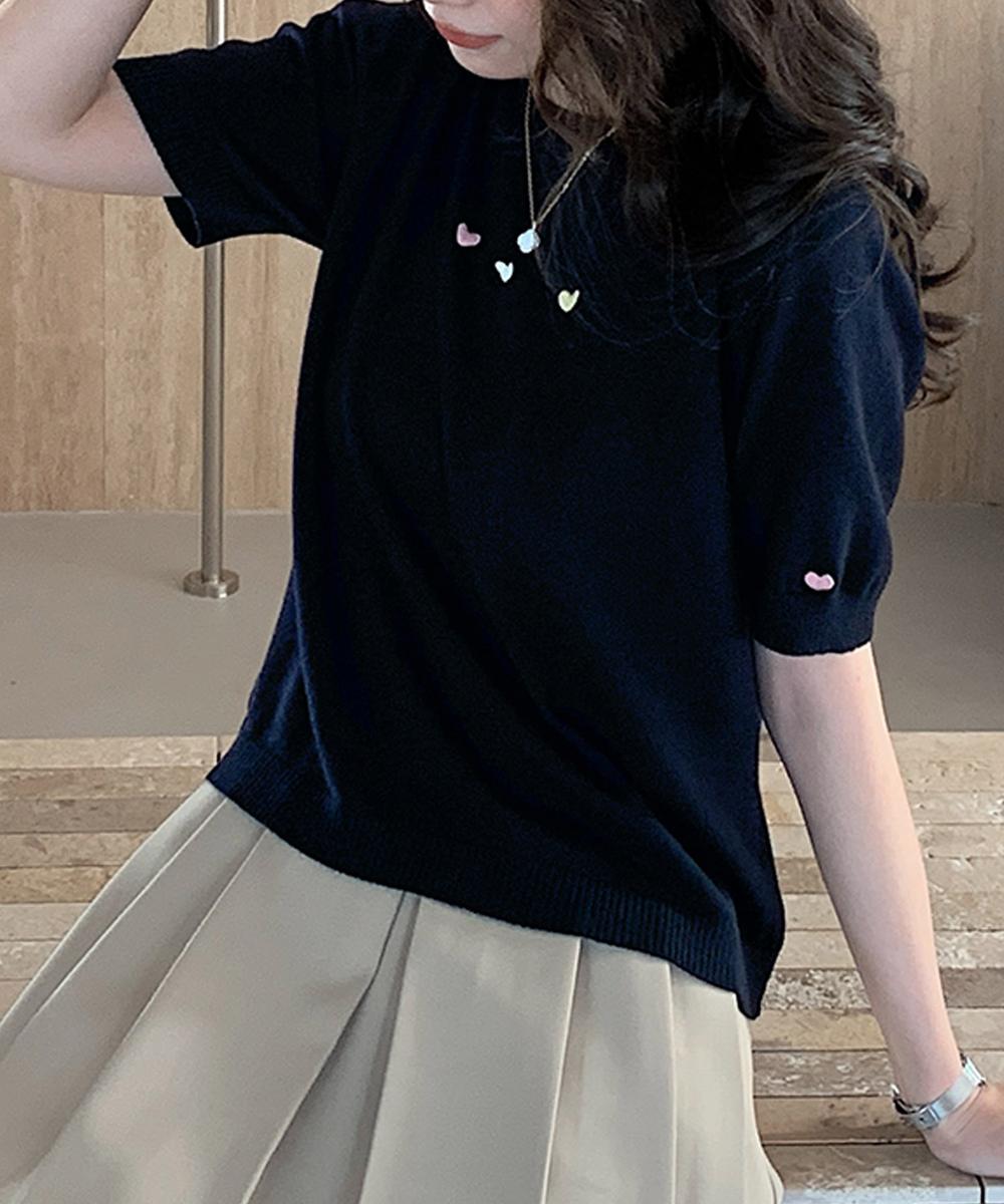 カラーハート付き半袖ニットトップス