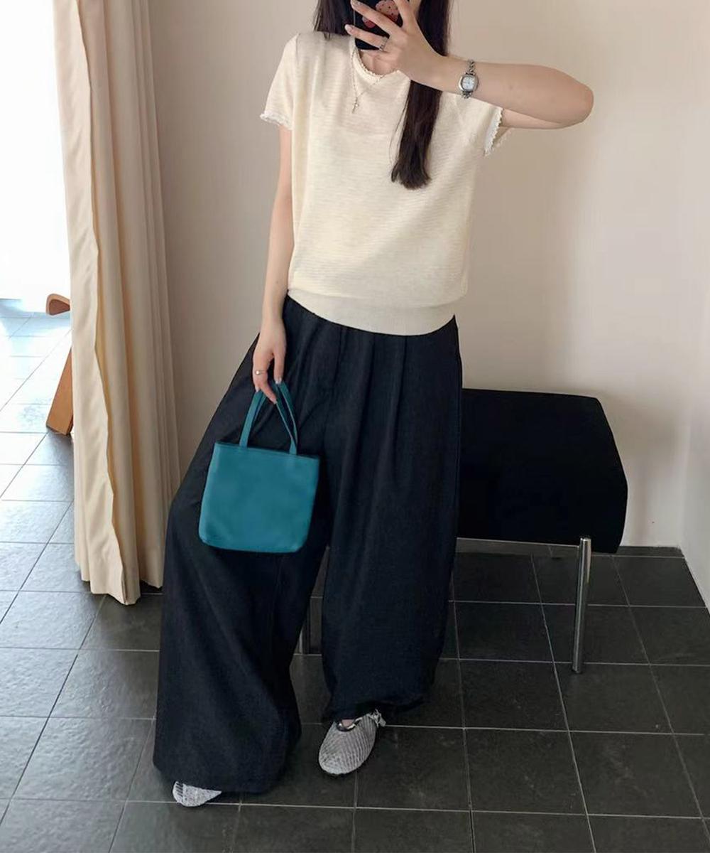 ラウンドネックシンプル半袖ニットトップス