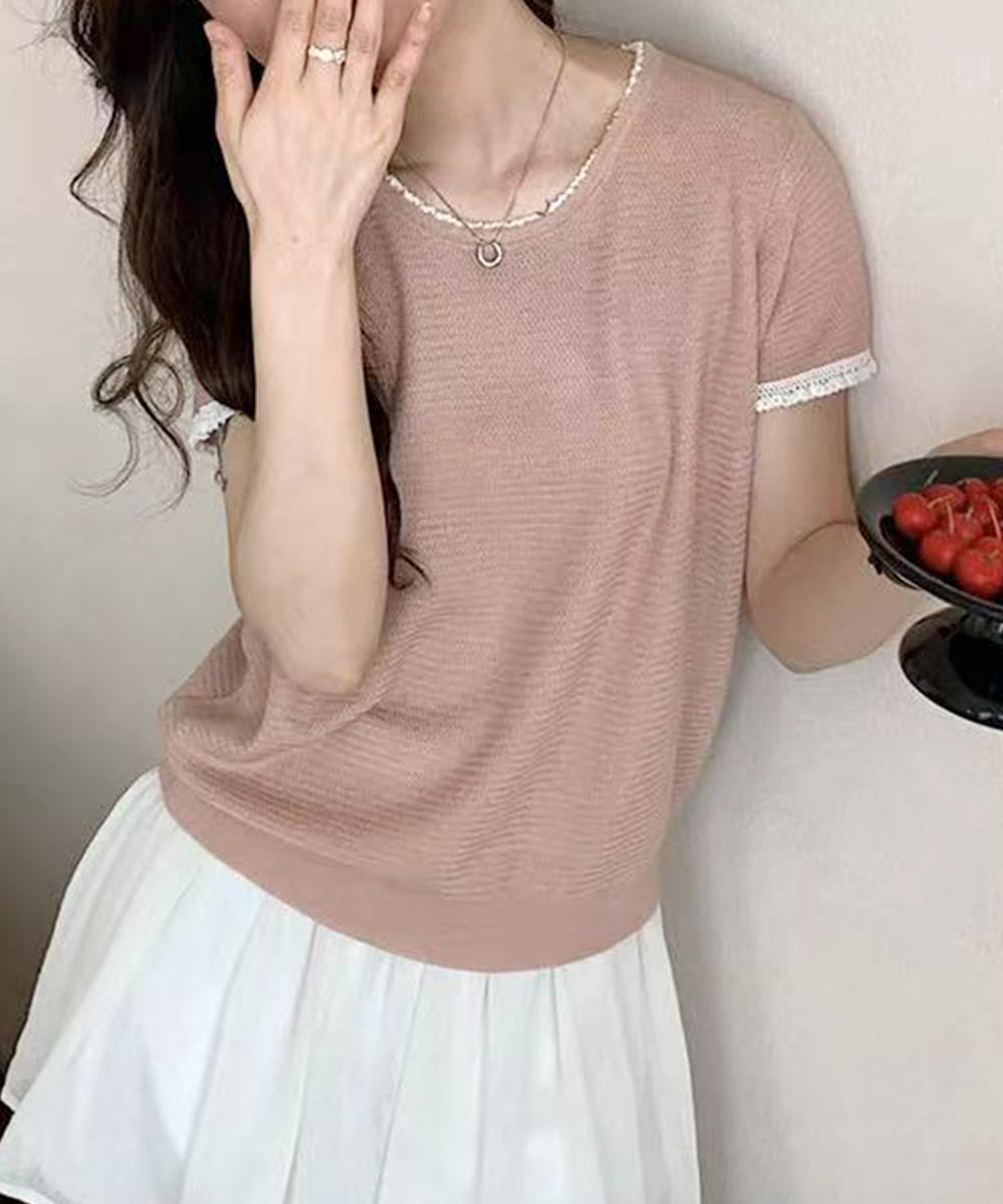 ラウンドネックシンプル半袖ニットトップス