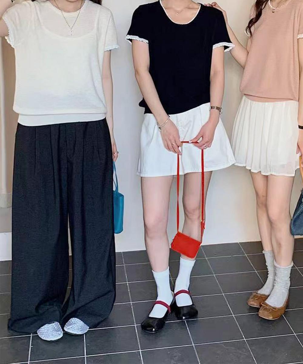 ラウンドネックシンプル半袖ニットトップス