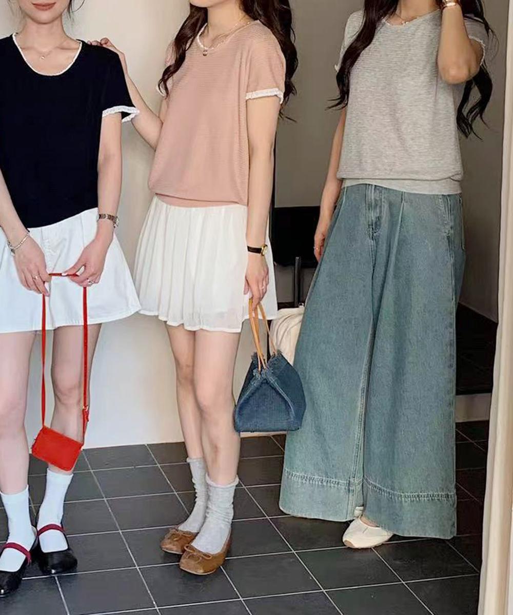 ラウンドネックシンプル半袖ニットトップス
