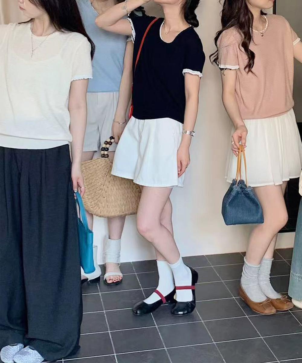 ラウンドネックシンプル半袖ニットトップス