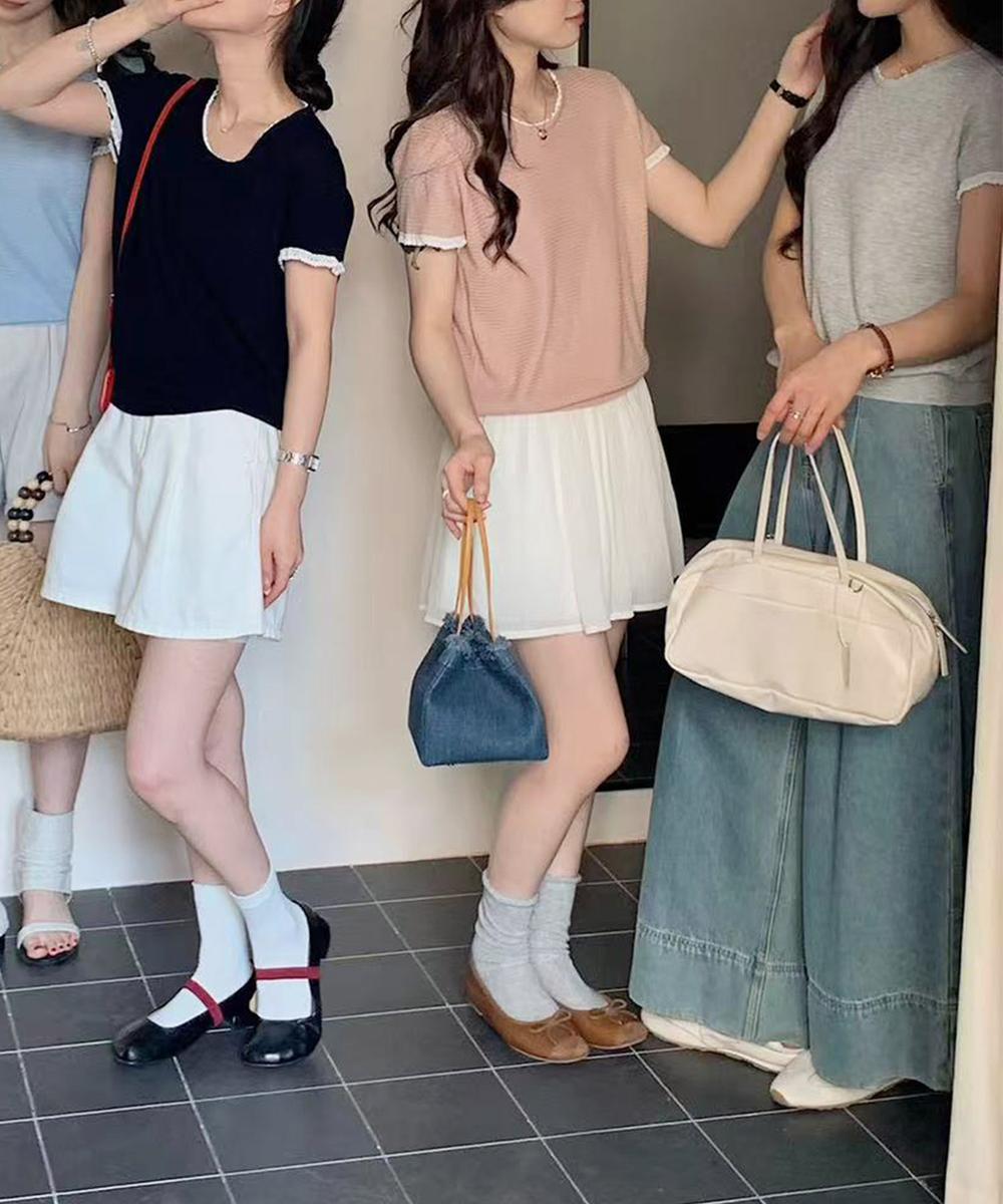ラウンドネックシンプル半袖ニットトップス