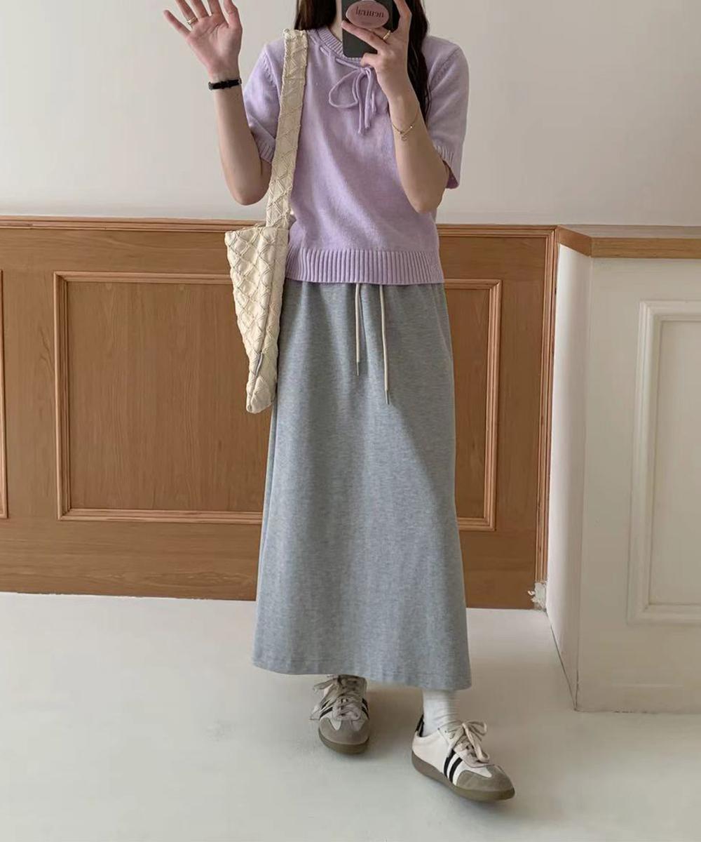 リボン付きフリル襟半袖ニットトップス