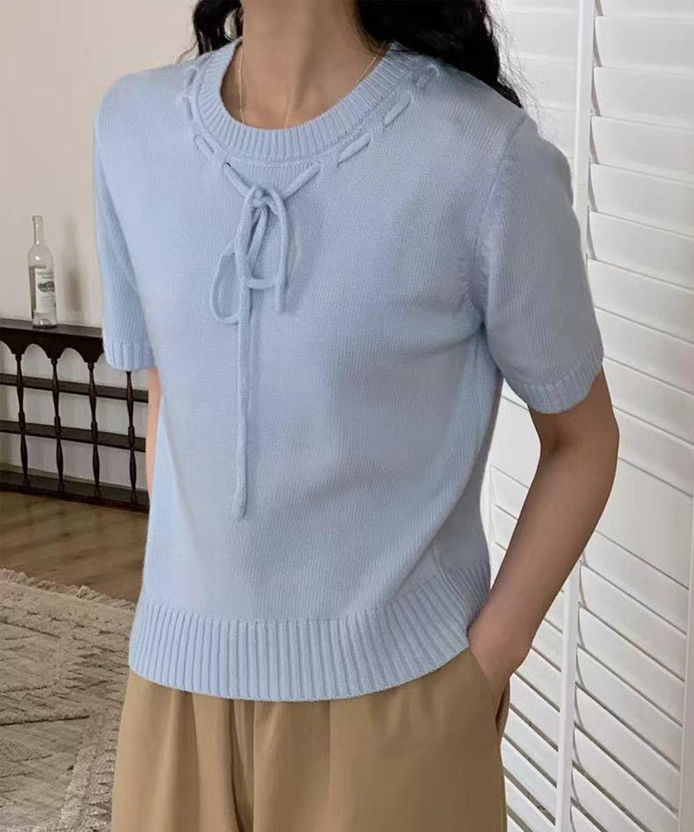 リボン付きフリル襟半袖ニットトップス