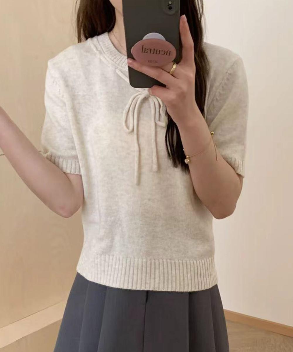 リボン付きフリル襟半袖ニットトップス