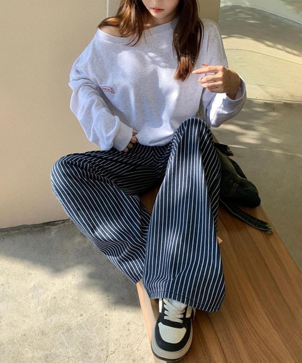 ストライプワイドデニムパンツ