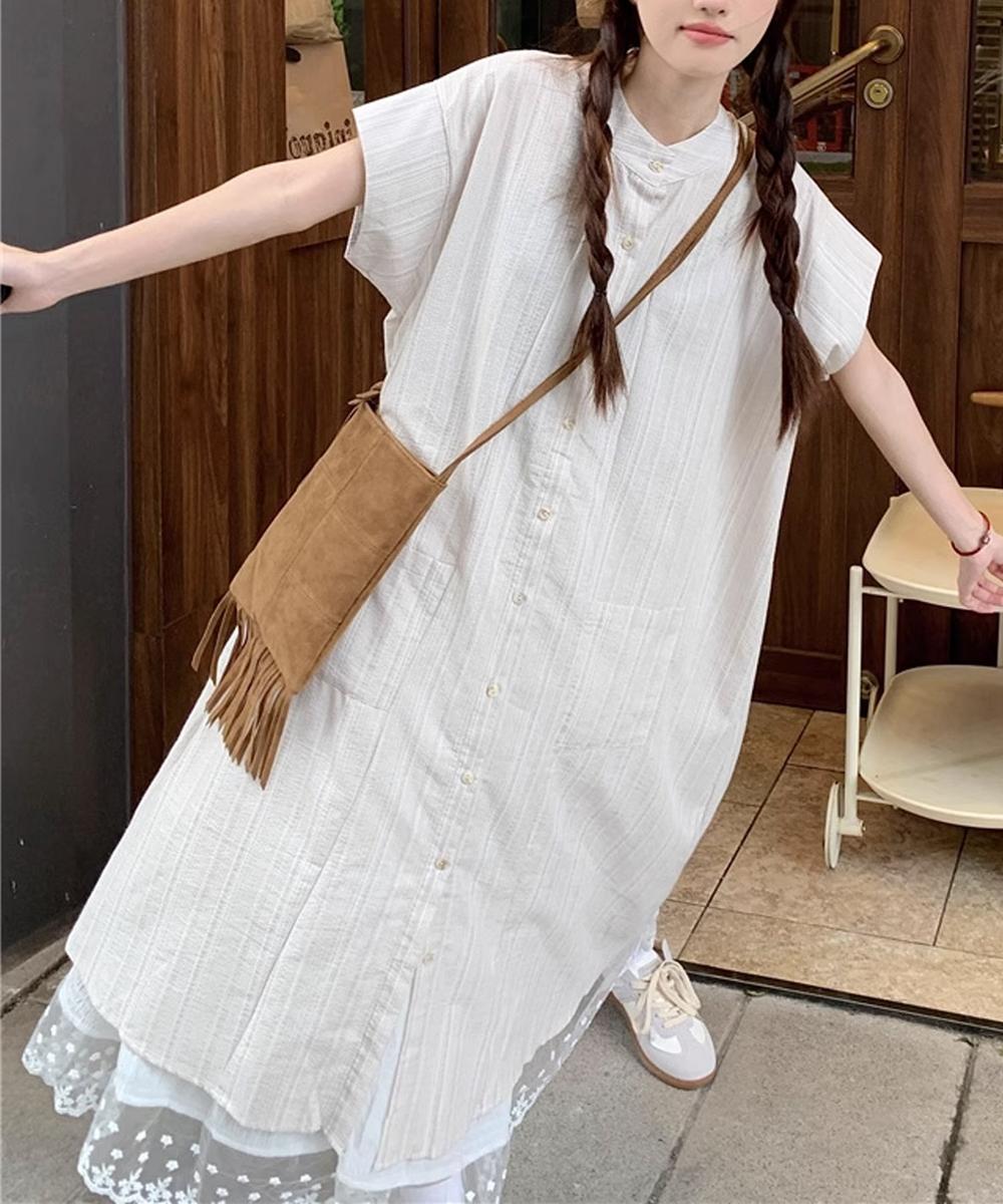 【aimoha】スタンドカラーストライプシャツワンピース