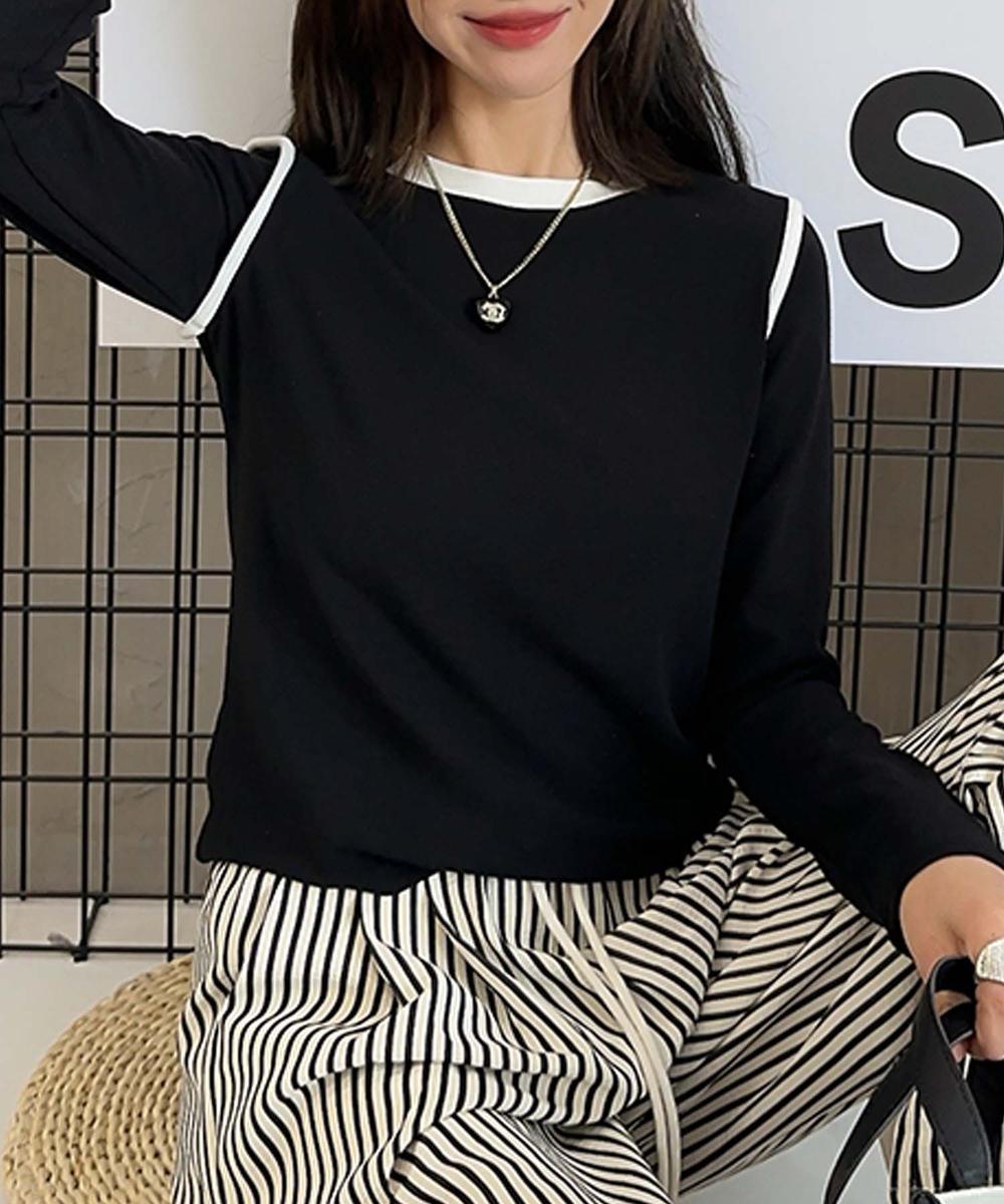 トリムデザインシンプル長袖Tシャツ
